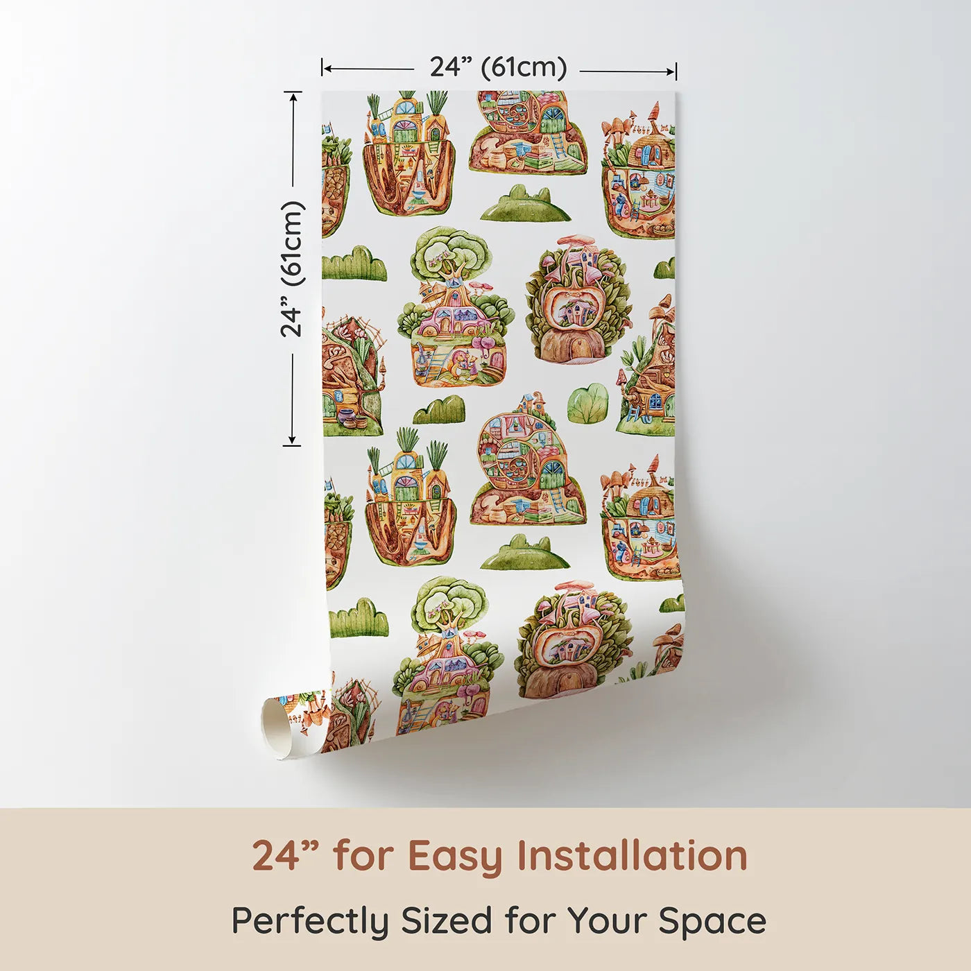 Dimension view of Whimsy Tots Secret Garden Cutaway Homes Wallpaper in White (W3390A). Printed in 24-inch-wide panel for easy installation. Underground homes, treehouses, and cozy critter cottages bloom across a white sky.