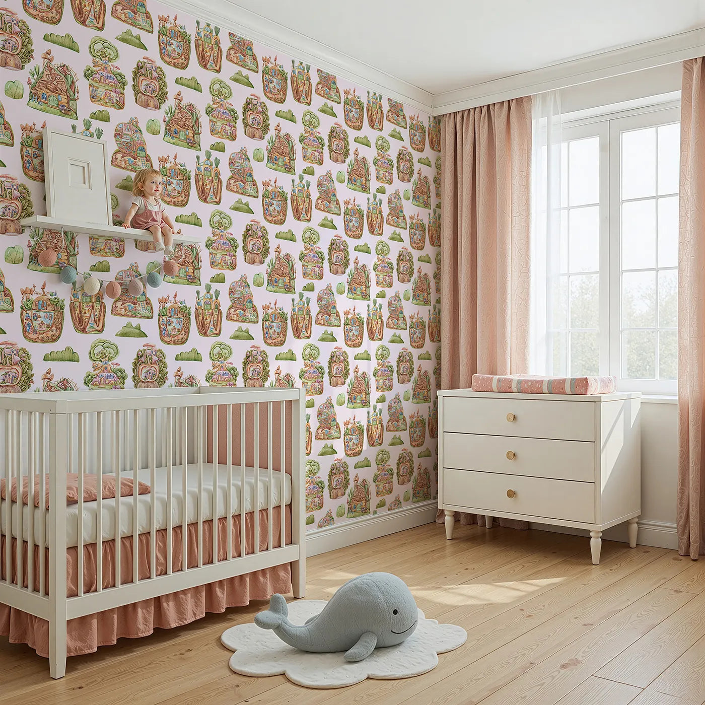 Angled view of Whimsy Tots' Secret Garden Cutaway Homes Wallpaper in Blush Pink (W3390B).Mushroom roofs, tree roots, and cozy critter homes bloom across a blush pink sky.