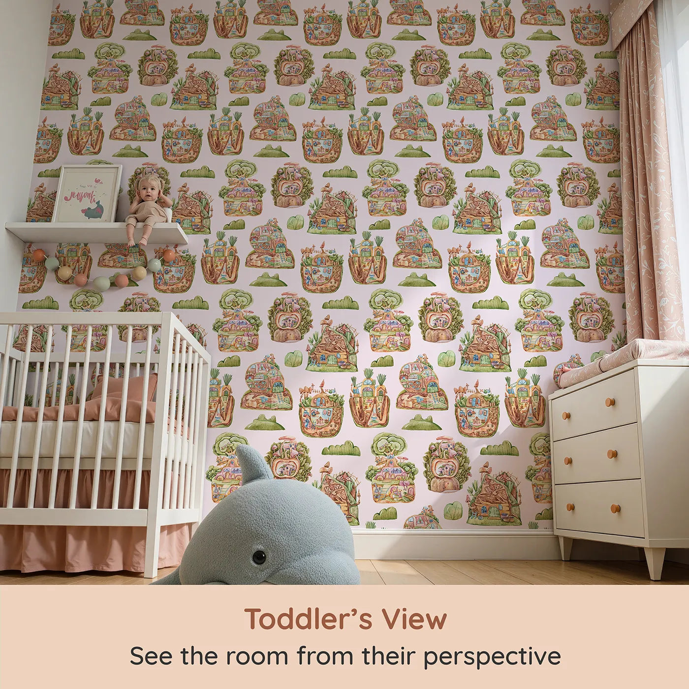 Whimsy Tots Secret Garden Cutaway Homes Wallpaper in Blush Pink (W3390B) from your child's view.Mushroom roofs, tree roots, and cozy critter homes bloom across a blush pink sky.