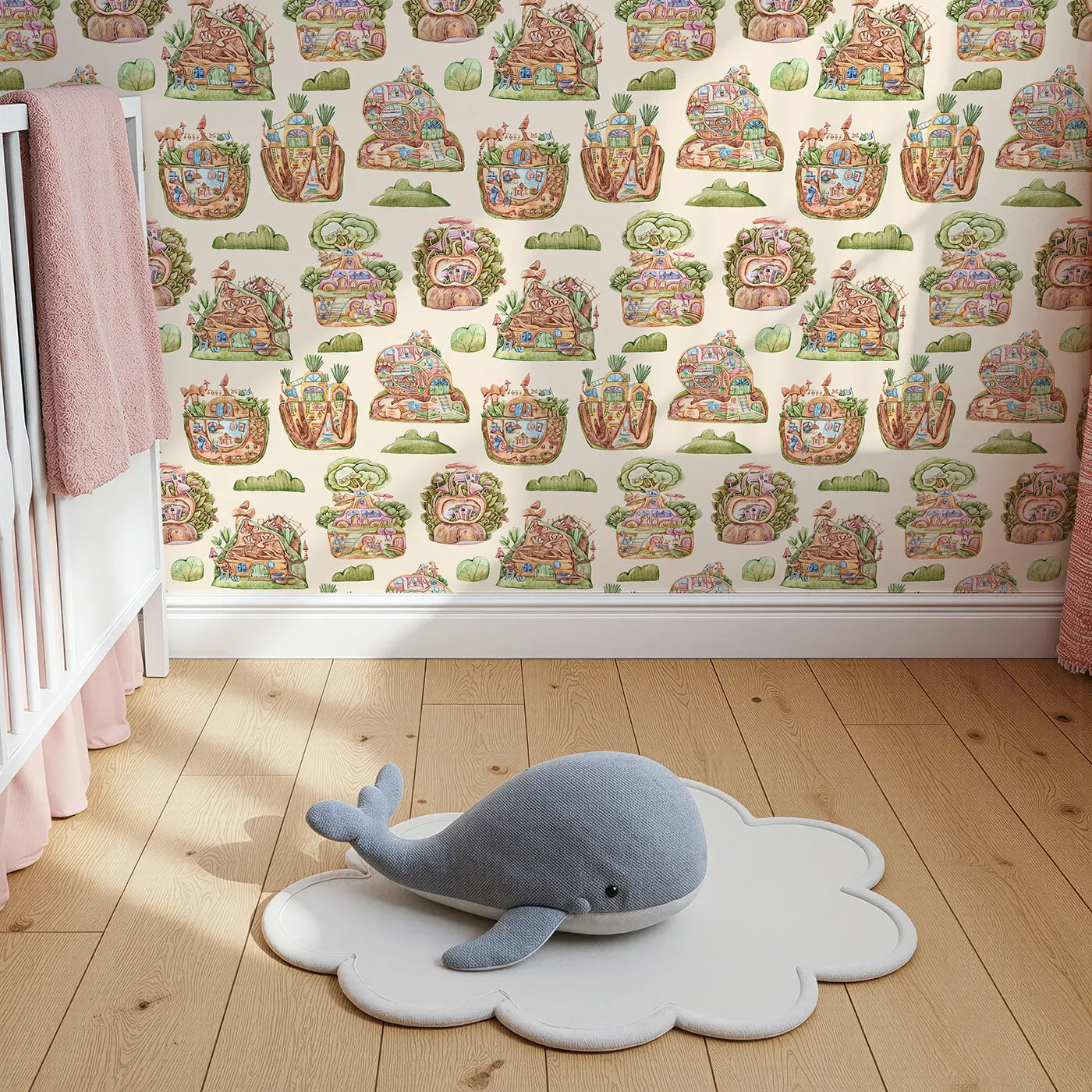 Top-Down view of Whimsy Tots' Secret Garden Cutaway Homes Wallpaper in Beige (W3390C).Underground homes, garden nooks, and treehouses bloom beneath a soft beige sky.