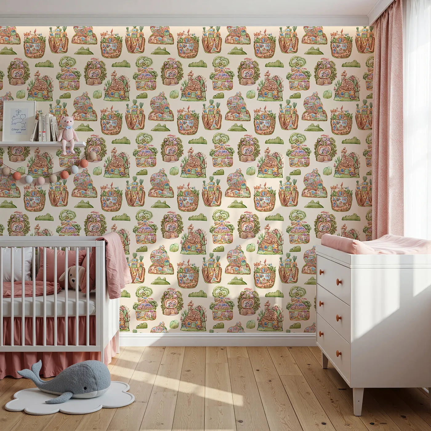 Front view of Whimsy Tots' Secret Garden Cutaway Homes Wallpaper in Sand