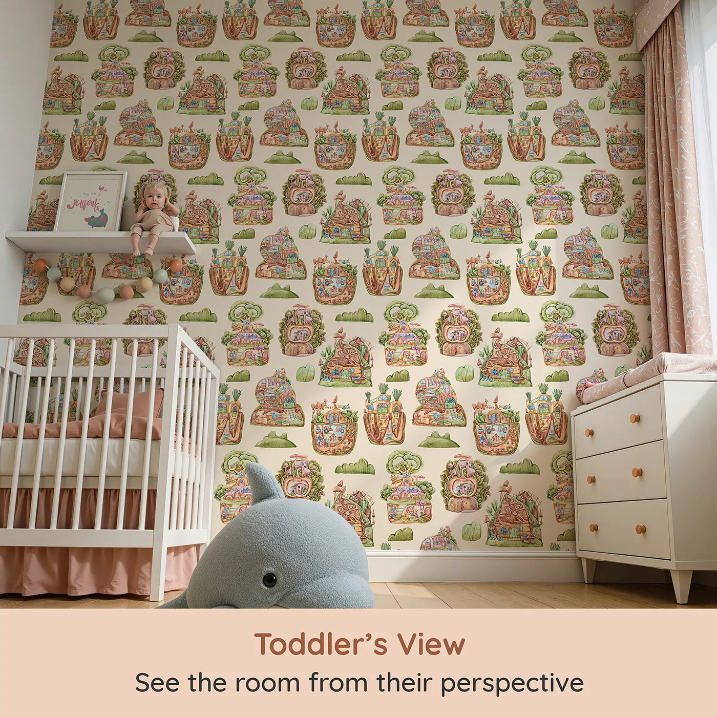 Whimsy Tots Secret Garden Cutaway Homes Wallpaper in Sand (W3390D) from your child's view.Soft sand skies cradle cozy root homes, veggie huts, and mushroom cottages.