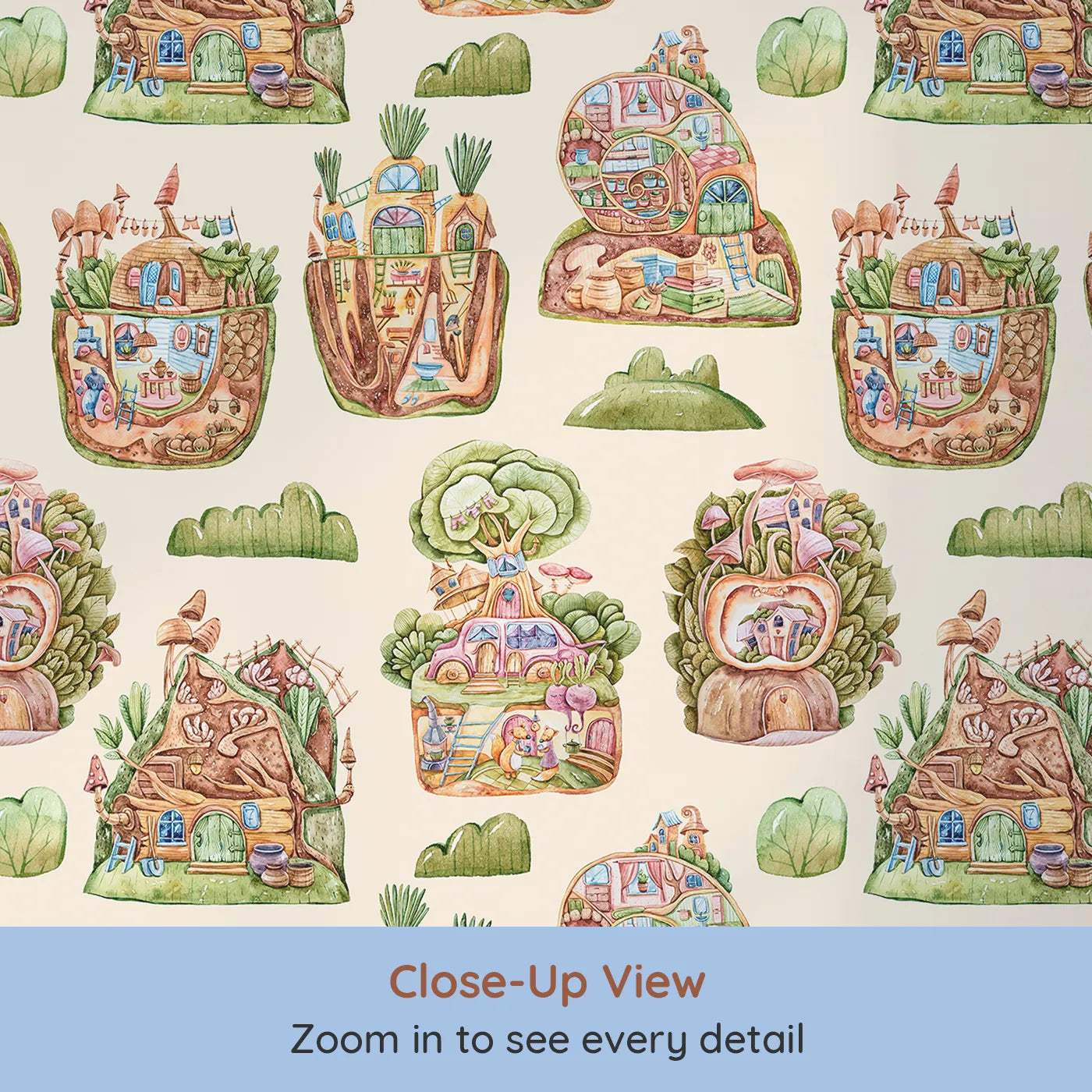Close-up view of Whimsy Tots' Secret Garden Cutaway Homes Wallpaper in Sand (W3390D).Soft sand skies cradle cozy root homes, veggie huts, and mushroom cottages.