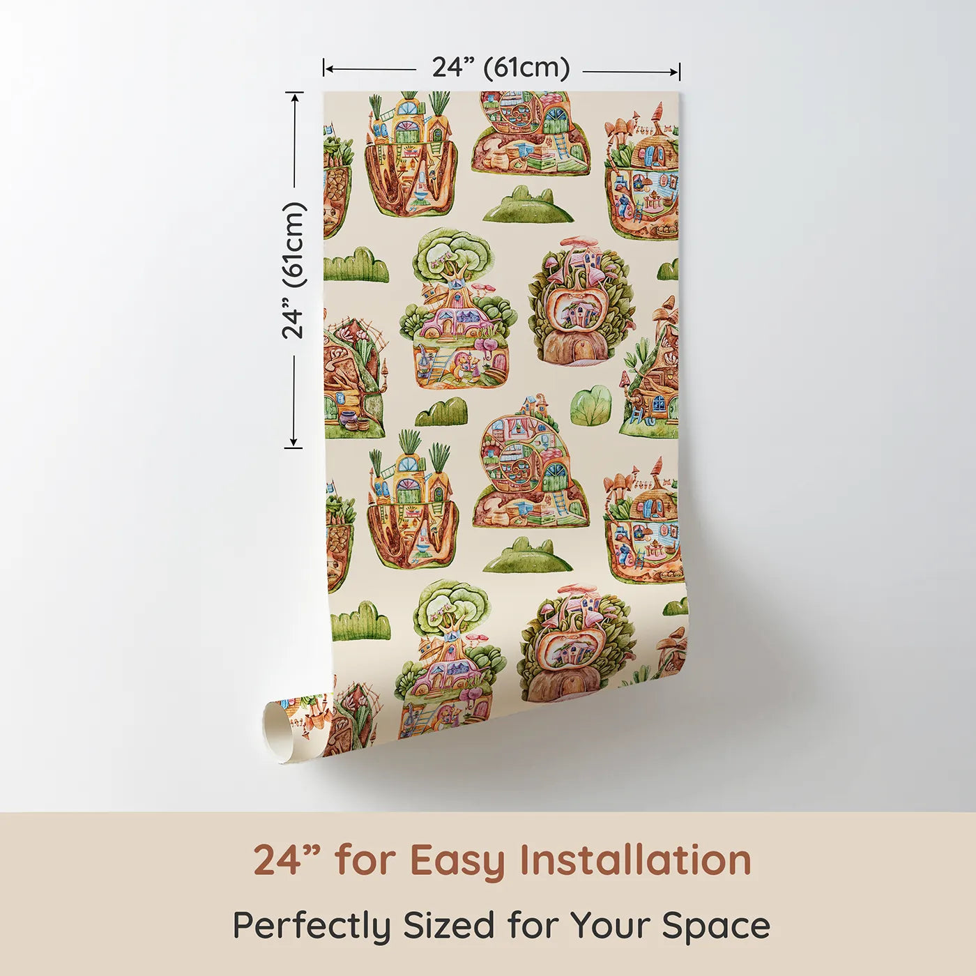 Dimension view of Whimsy Tots Secret Garden Cutaway Homes Wallpaper in Sand (W3390D). Printed in 24-inch-wide panel for easy installation. Soft sand skies cradle cozy root homes, veggie huts, and mushroom cottages.