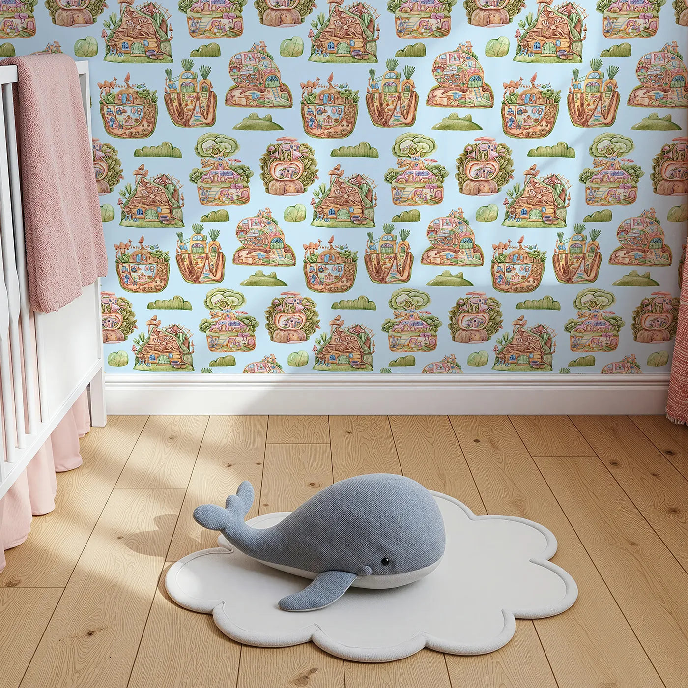 Top-Down view of Whimsy Tots' Secret Garden Cutaway Homes Wallpaper in Sky Blue (W3390E).Treehouse homes and underground hideaways bloom under a cheerful blue sky.