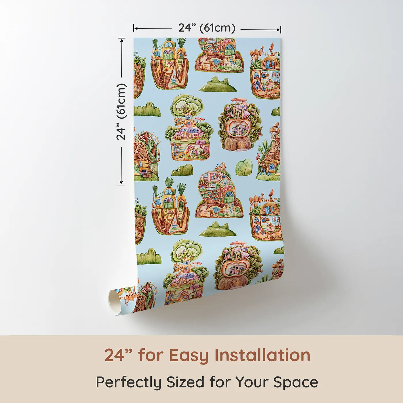 Dimension view of Whimsy Tots Secret Garden Cutaway Homes Wallpaper in Sky Blue (W3390E). Printed in 24-inch-wide panel for easy installation. Treehouse homes and underground hideaways bloom under a cheerful blue sky.