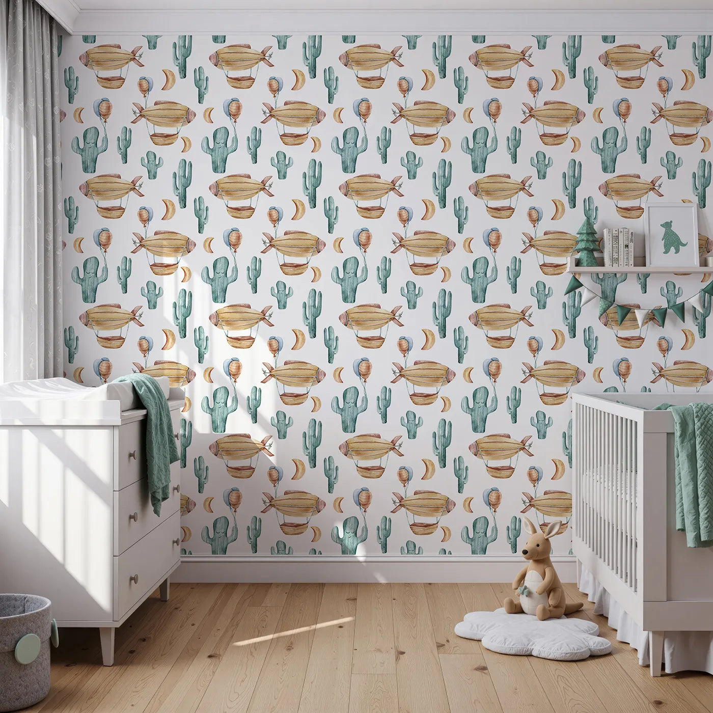 Front view of Whimsy Tots' Cactus Cloud Voyage Wallpaper in White