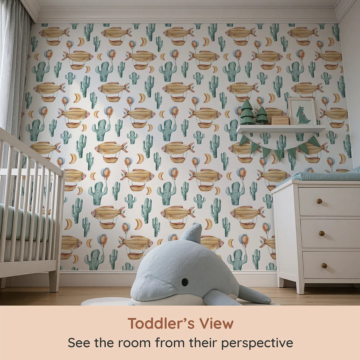 Whimsy Tots Cactus Cloud Voyage Wallpaper in White (W3391A) from your child's view.Zepplins drift and cacti smile in this playful, sky-high desert adventure.