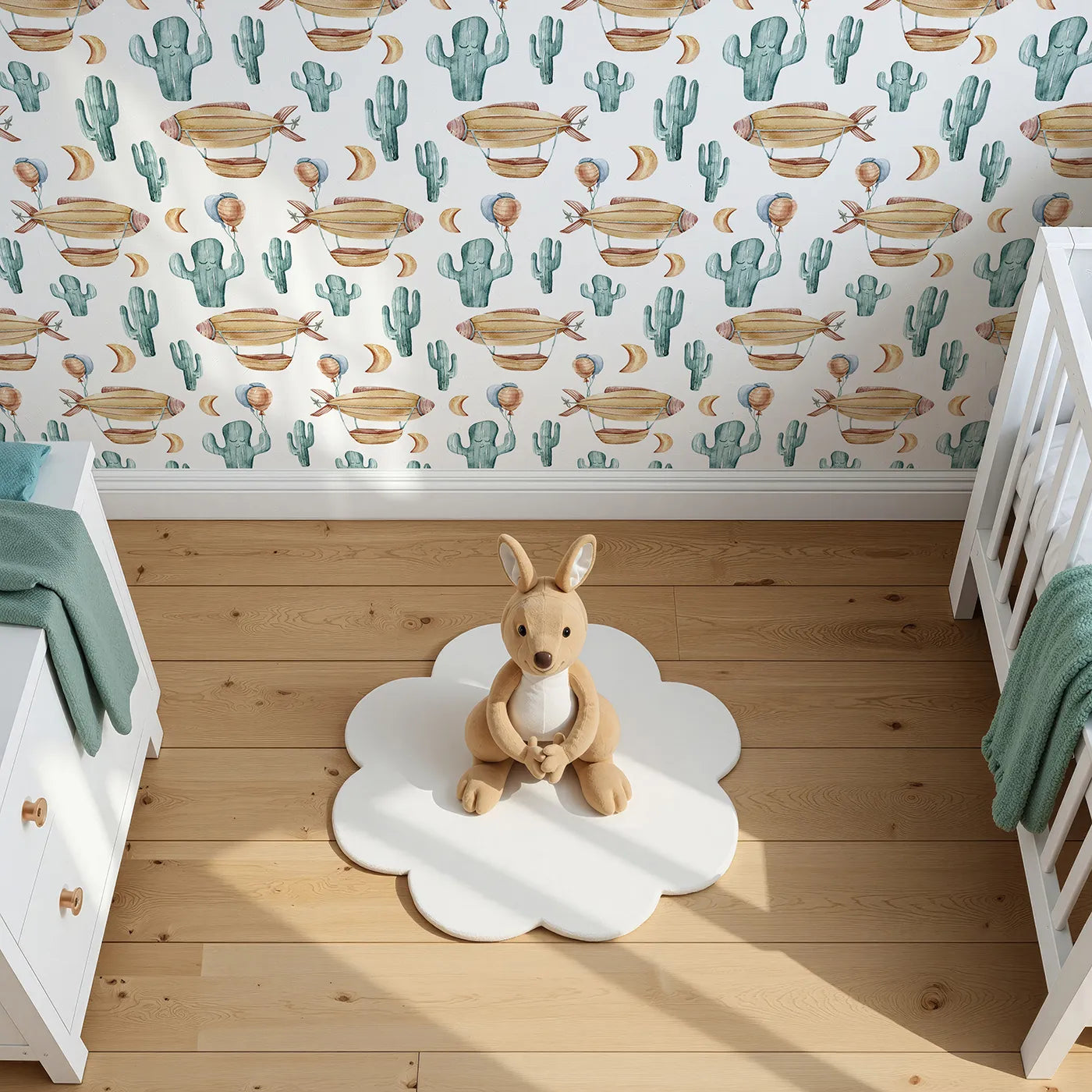 Top-Down view of Whimsy Tots' Cactus Cloud Voyage Wallpaper in White (W3391A).Zepplins drift and cacti smile in this playful, sky-high desert adventure.