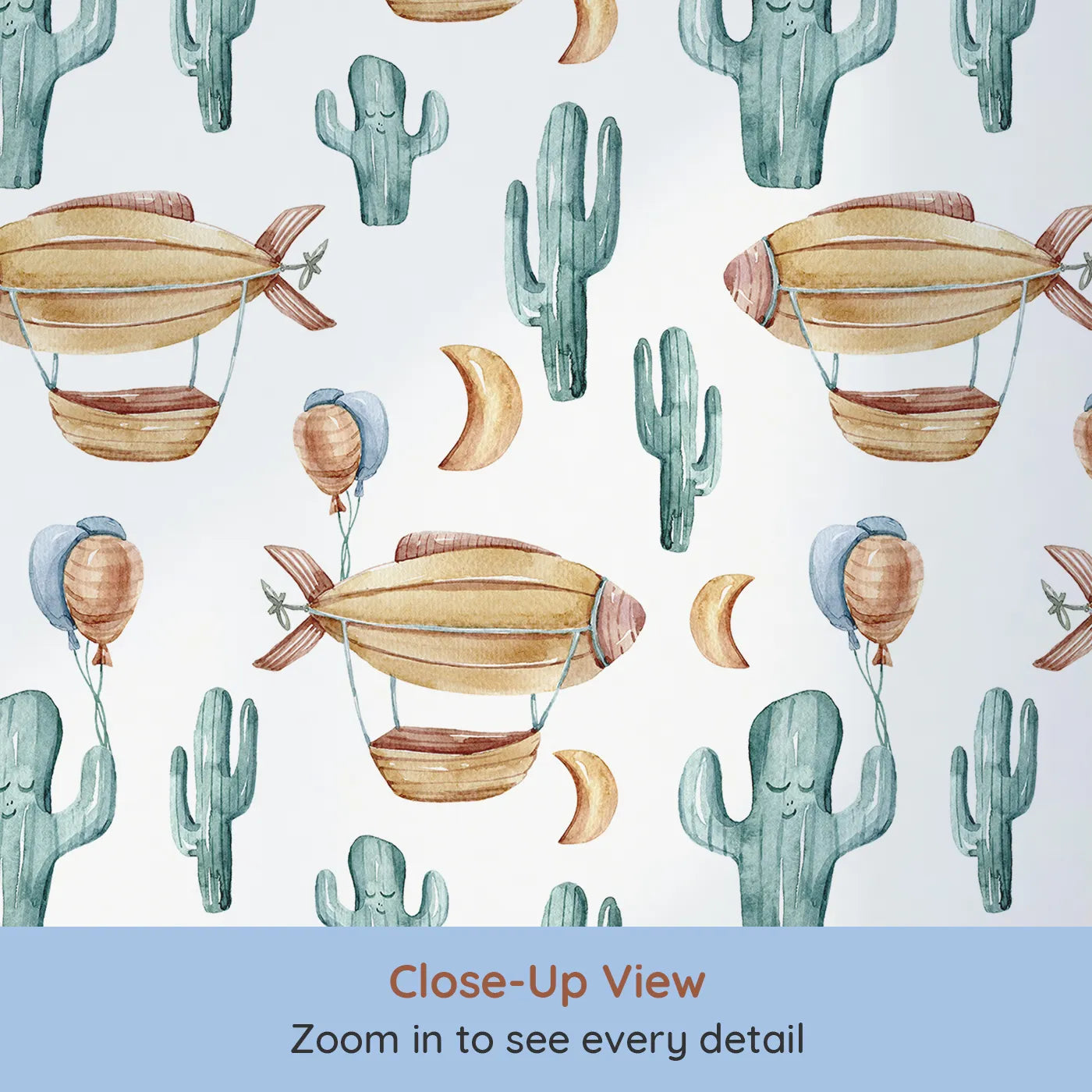 Close-up view of Whimsy Tots' Cactus Cloud Voyage Wallpaper in White (W3391A).Zepplins drift and cacti smile in this playful, sky-high desert adventure.