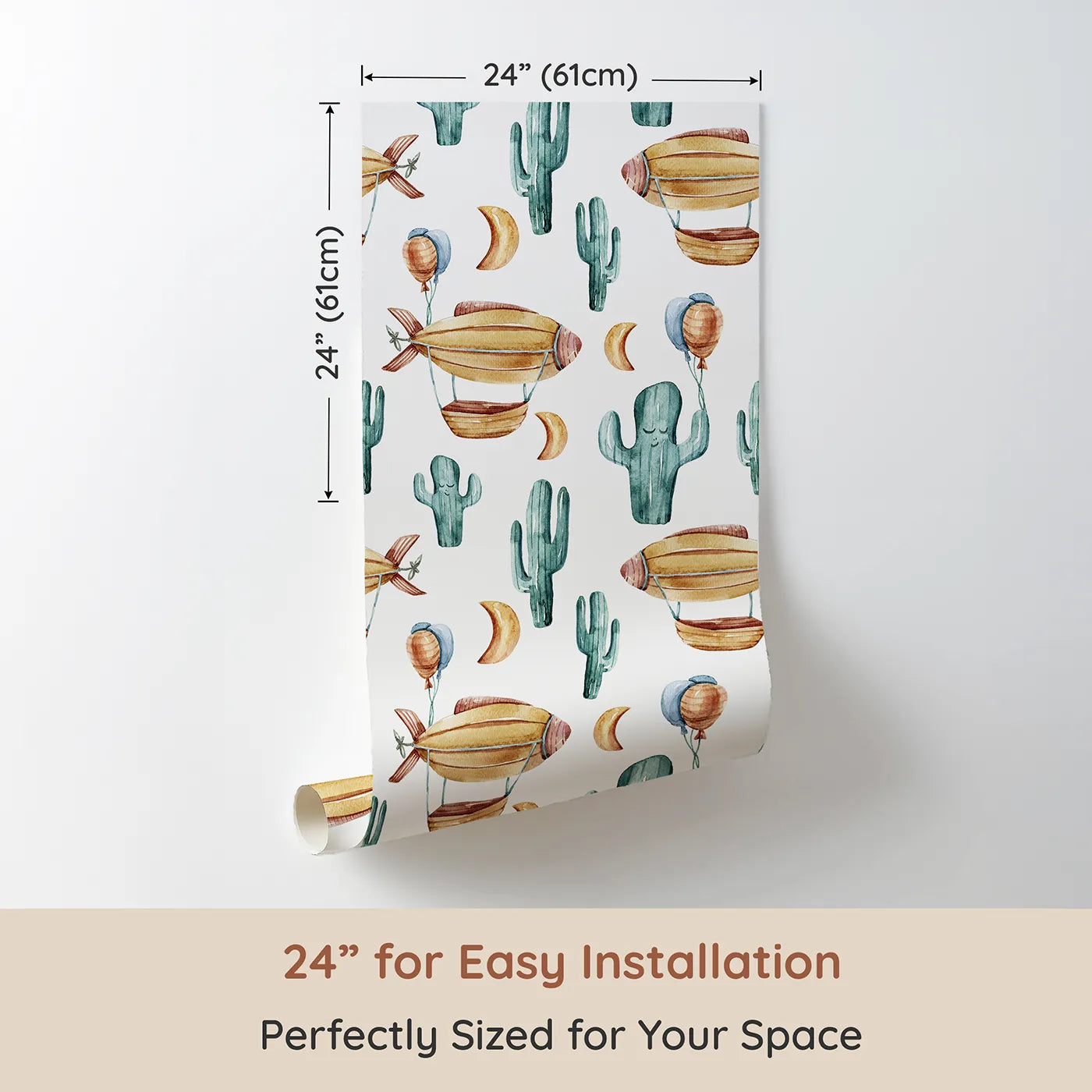 Dimension view of Whimsy Tots Cactus Cloud Voyage Wallpaper in White (W3391A). Printed in 24-inch-wide panel for easy installation. Zepplins drift and cacti smile in this playful, sky-high desert adventure.