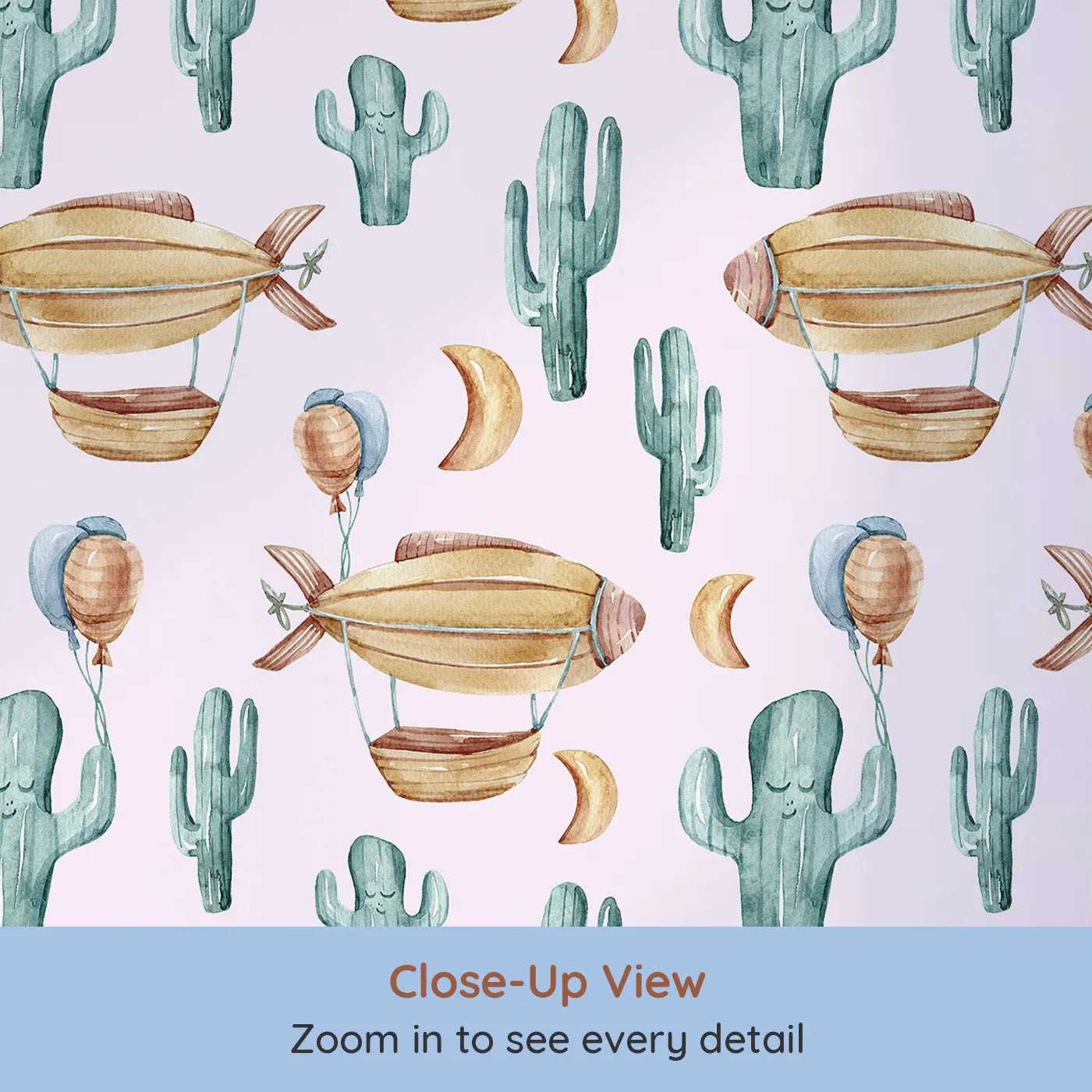 Close-up view of Whimsy Tots' Cactus Cloud Voyage Wallpaper in Blush Pink (W3391B).Blushing skies and dreamy airships meet friendly cacti in a gentle desert journey.