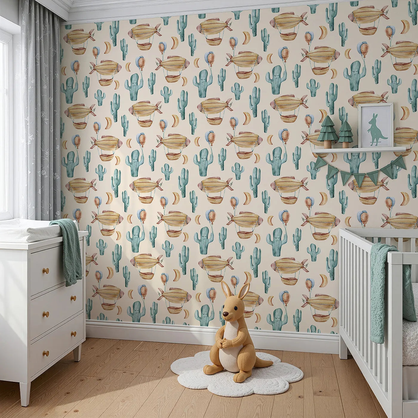 Angled view of Whimsy Tots' Cactus Cloud Voyage Wallpaper in Sand (W3391C).Sandy skies cradle floating airships and smiling cacti in this gentle adventure.