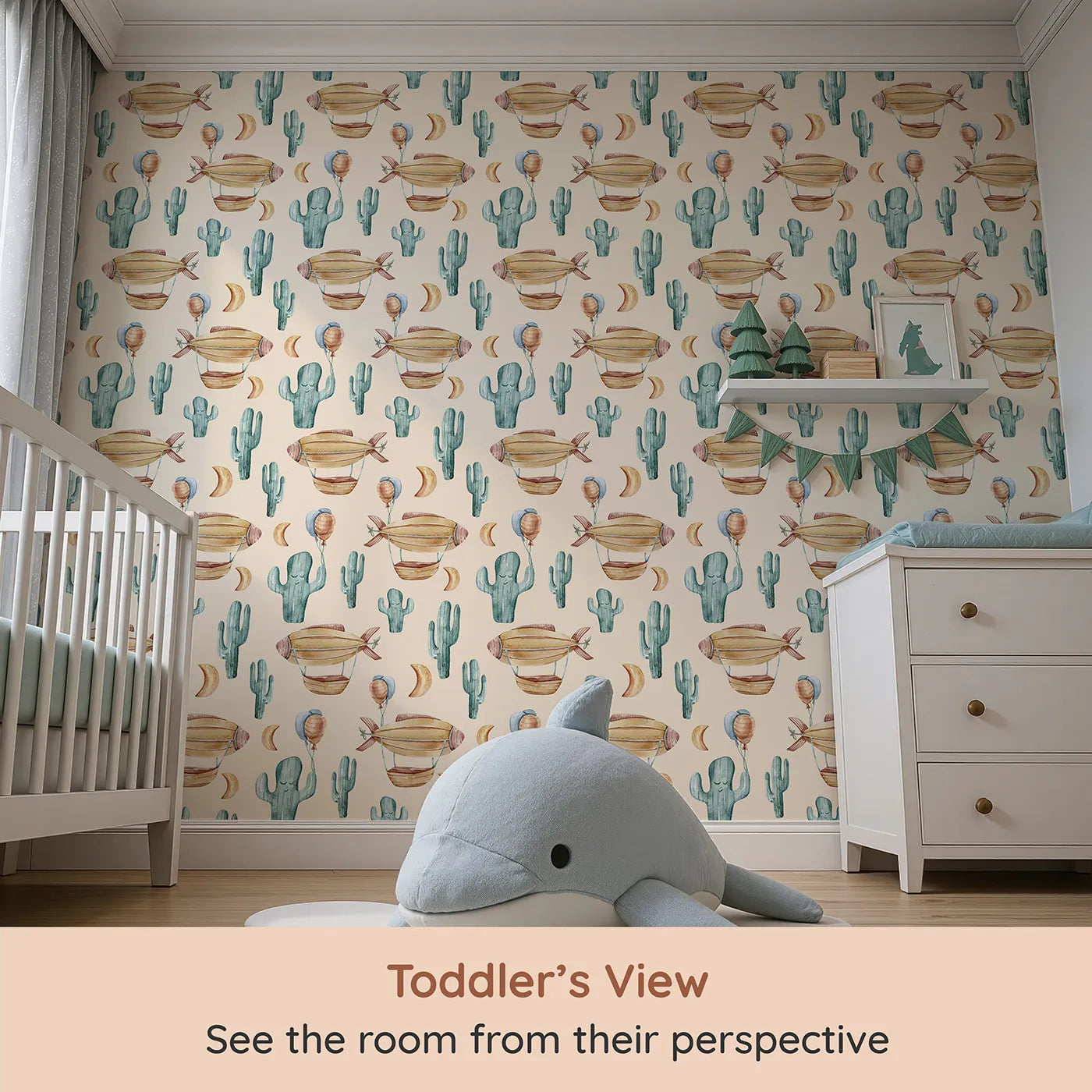 Whimsy Tots Cactus Cloud Voyage Wallpaper in Sand (W3391C) from your child's view.Sandy skies cradle floating airships and smiling cacti in this gentle adventure.