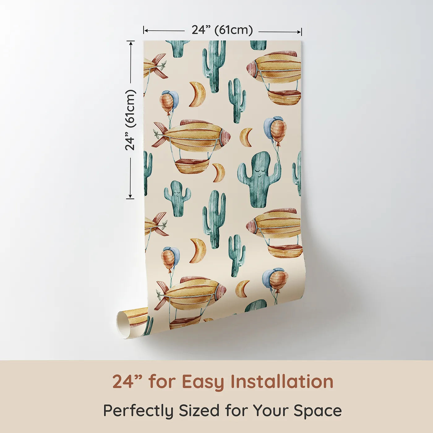 Dimension view of Whimsy Tots Cactus Cloud Voyage Wallpaper in Sand (W3391C). Printed in 24-inch-wide panel for easy installation. Sandy skies cradle floating airships and smiling cacti in this gentle adventure.