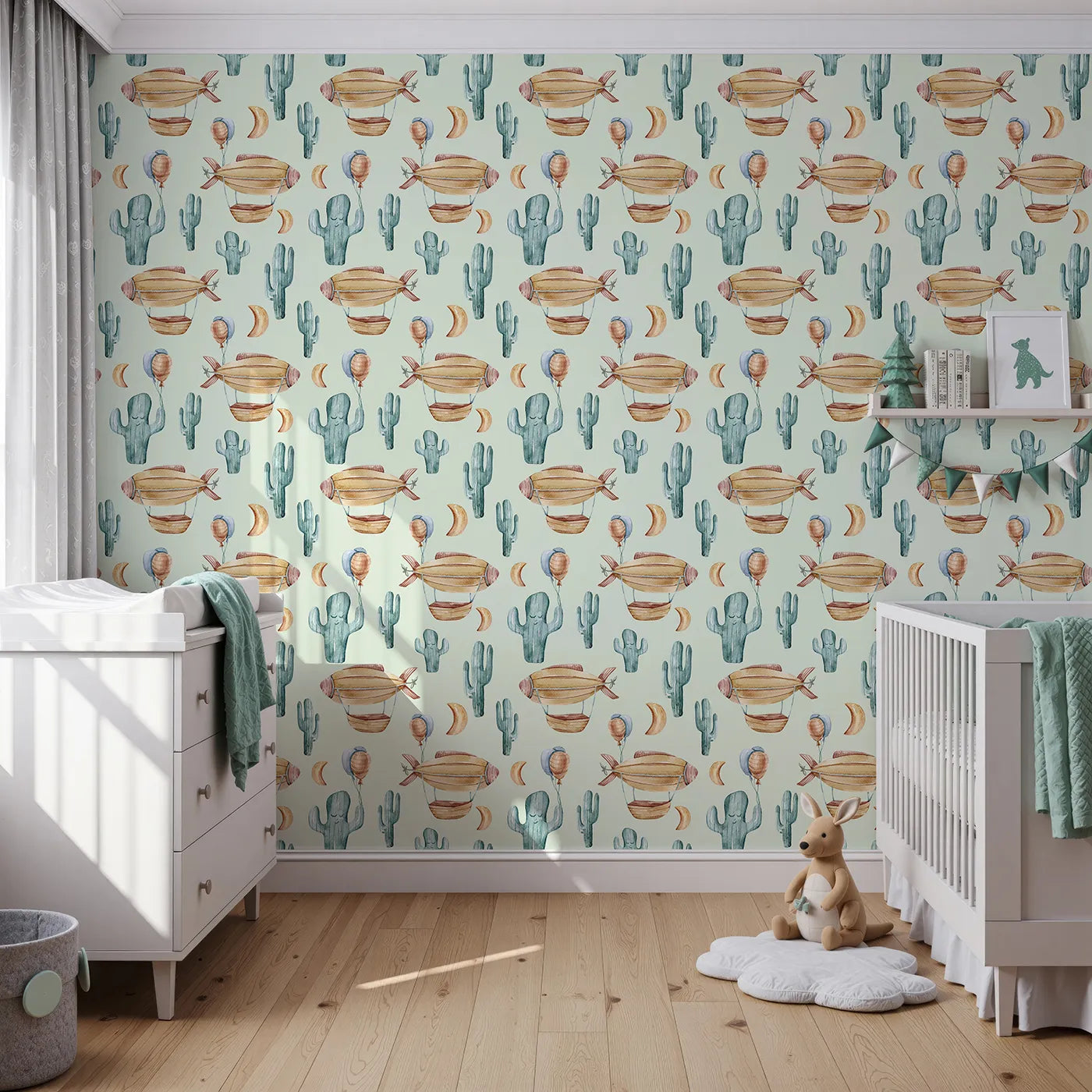 Front view of Whimsy Tots' Cactus Cloud Voyage Wallpaper in Sage Green