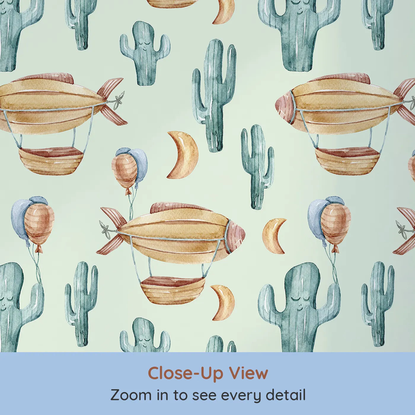 Close-up view of Whimsy Tots' Cactus Cloud Voyage Wallpaper in Sage Green (W3391D).Soothing sage skies carry balloons, airships, and sleepy cacti across the desert breeze.
