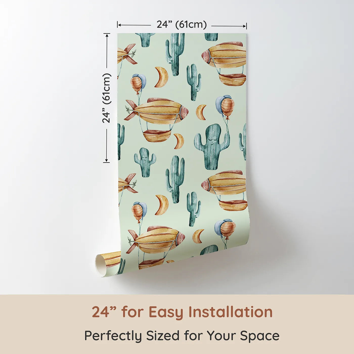 Dimension view of Whimsy Tots Cactus Cloud Voyage Wallpaper in Sage Green (W3391D). Printed in 24-inch-wide panel for easy installation. Soothing sage skies carry balloons, airships, and sleepy cacti across the desert breeze.