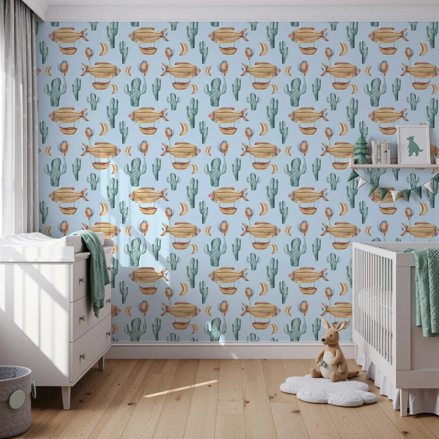 Front view of Whimsy Tots' Cactus Cloud Voyage Wallpaper in Sky Blue