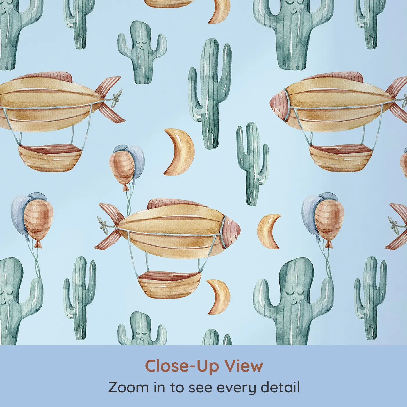 Close-up view of Whimsy Tots' Cactus Cloud Voyage Wallpaper in Sky Blue (W3391E).Balloon-tied blimps and friendly cacti drift across a cheerful sky blue dreamscape.