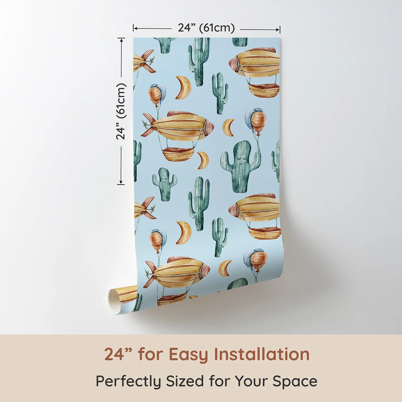 Dimension view of Whimsy Tots Cactus Cloud Voyage Wallpaper in Sky Blue (W3391E). Printed in 24-inch-wide panel for easy installation. Balloon-tied blimps and friendly cacti drift across a cheerful sky blue dreamscape.