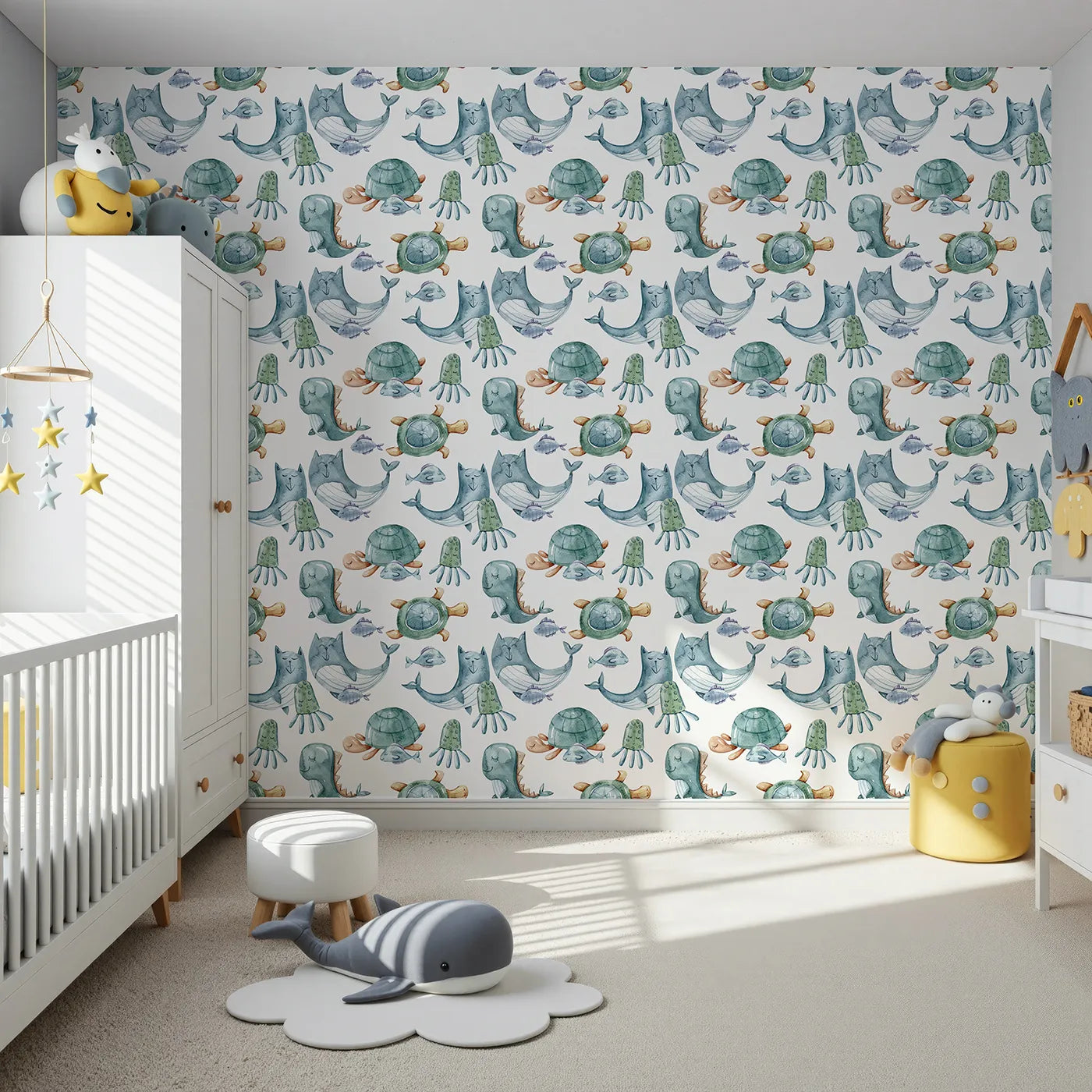 Front view of Whimsy Tots' Ocean Pals Parade Wallpaper in White