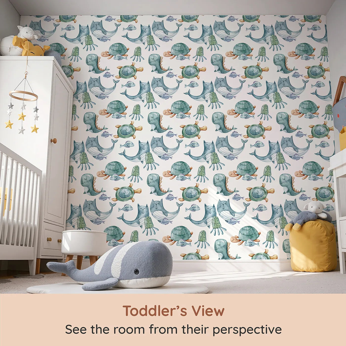 Whimsy Tots Ocean Pals Parade Wallpaper in White (W3392A) from your child's view.Smiling sea creatures float by in a dreamy, pastel underwater parade.