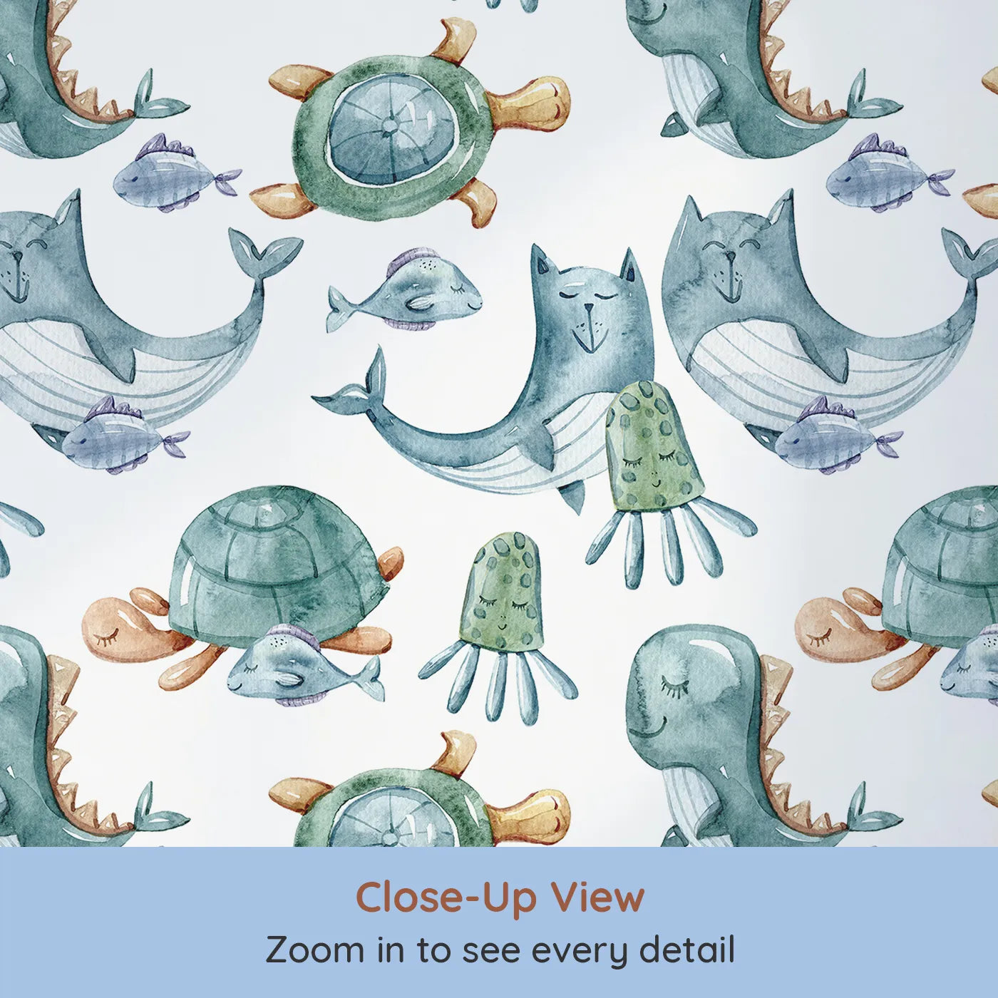 Close-up view of Whimsy Tots' Ocean Pals Parade Wallpaper in White (W3392A).Smiling sea creatures float by in a dreamy, pastel underwater parade.