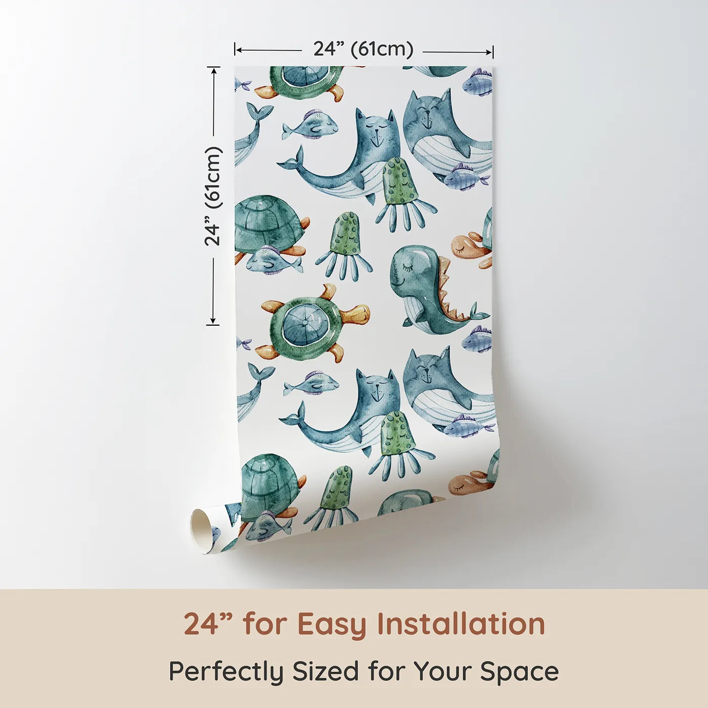 Dimension view of Whimsy Tots Ocean Pals Parade Wallpaper in White (W3392A). Printed in 24-inch-wide panel for easy installation. Smiling sea creatures float by in a dreamy, pastel underwater parade.