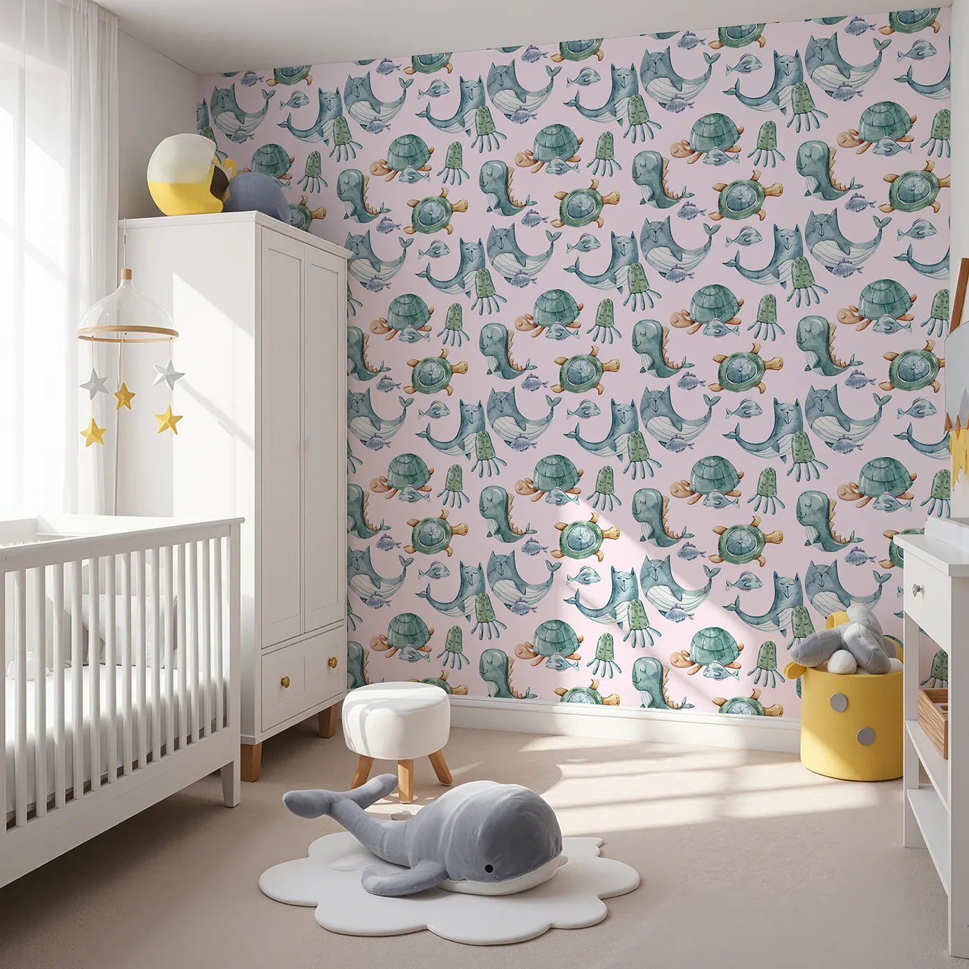 Angled view of Whimsy Tots' Ocean Pals Parade Wallpaper in Blush Pink (W3392B).Gentle whales and floating jellyfish drift through a dreamy blush sky.