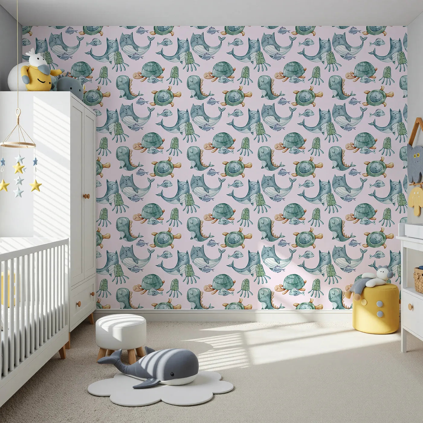 Front view of Whimsy Tots' Ocean Pals Parade Wallpaper in Blush Pink