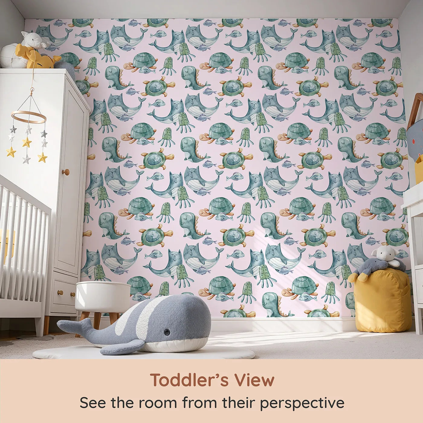 Whimsy Tots Ocean Pals Parade Wallpaper in Blush Pink (W3392B) from your child's view.Gentle whales and floating jellyfish drift through a dreamy blush sky.