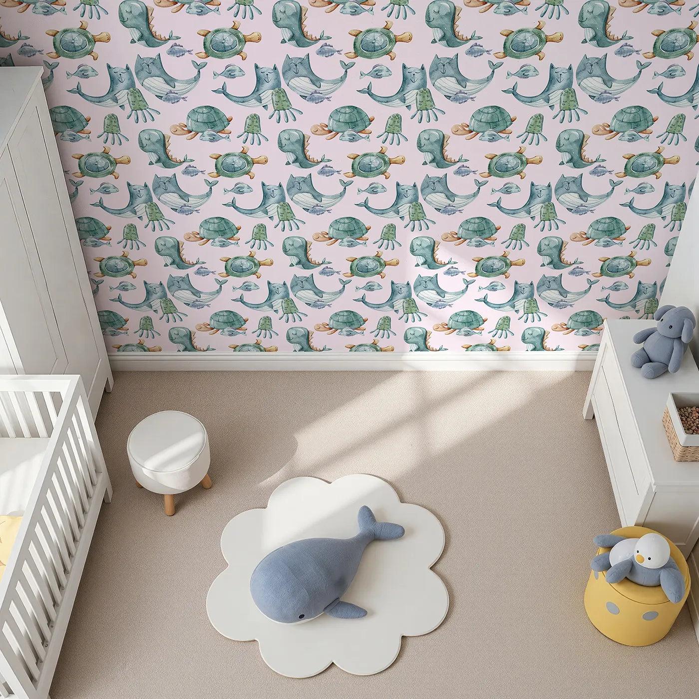 Top-Down view of Whimsy Tots' Ocean Pals Parade Wallpaper in Blush Pink (W3392B).Gentle whales and floating jellyfish drift through a dreamy blush sky.