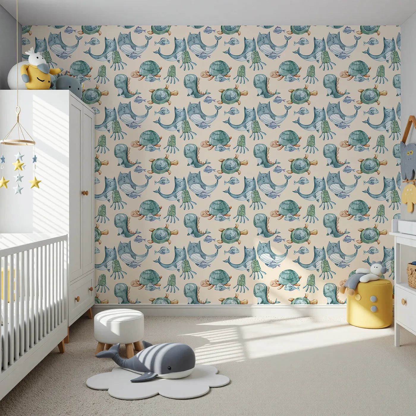 Front view of Whimsy Tots' Ocean Pals Parade Wallpaper in Sand