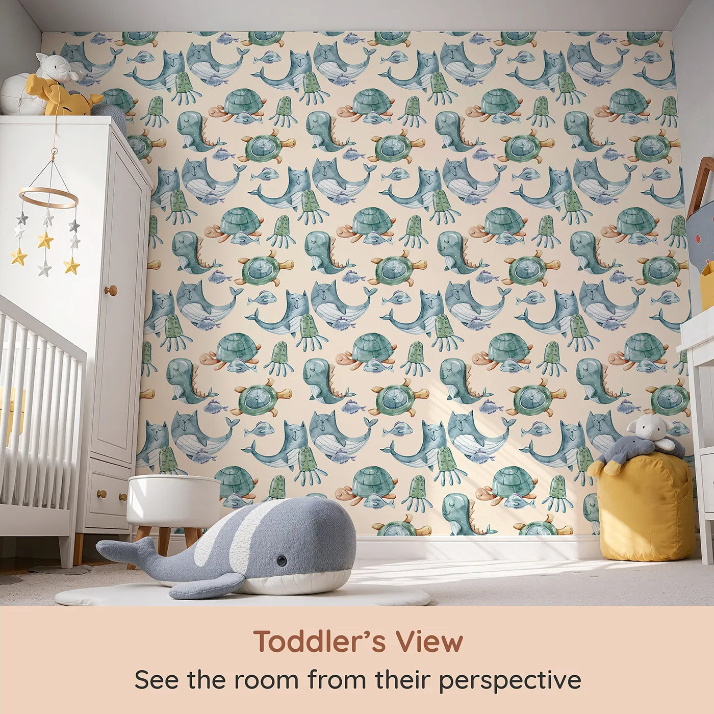 Whimsy Tots Ocean Pals Parade Wallpaper in Sand (W3392C) from your child's view.A sea of sleepy smiles floats across a soft sandy backdrop.