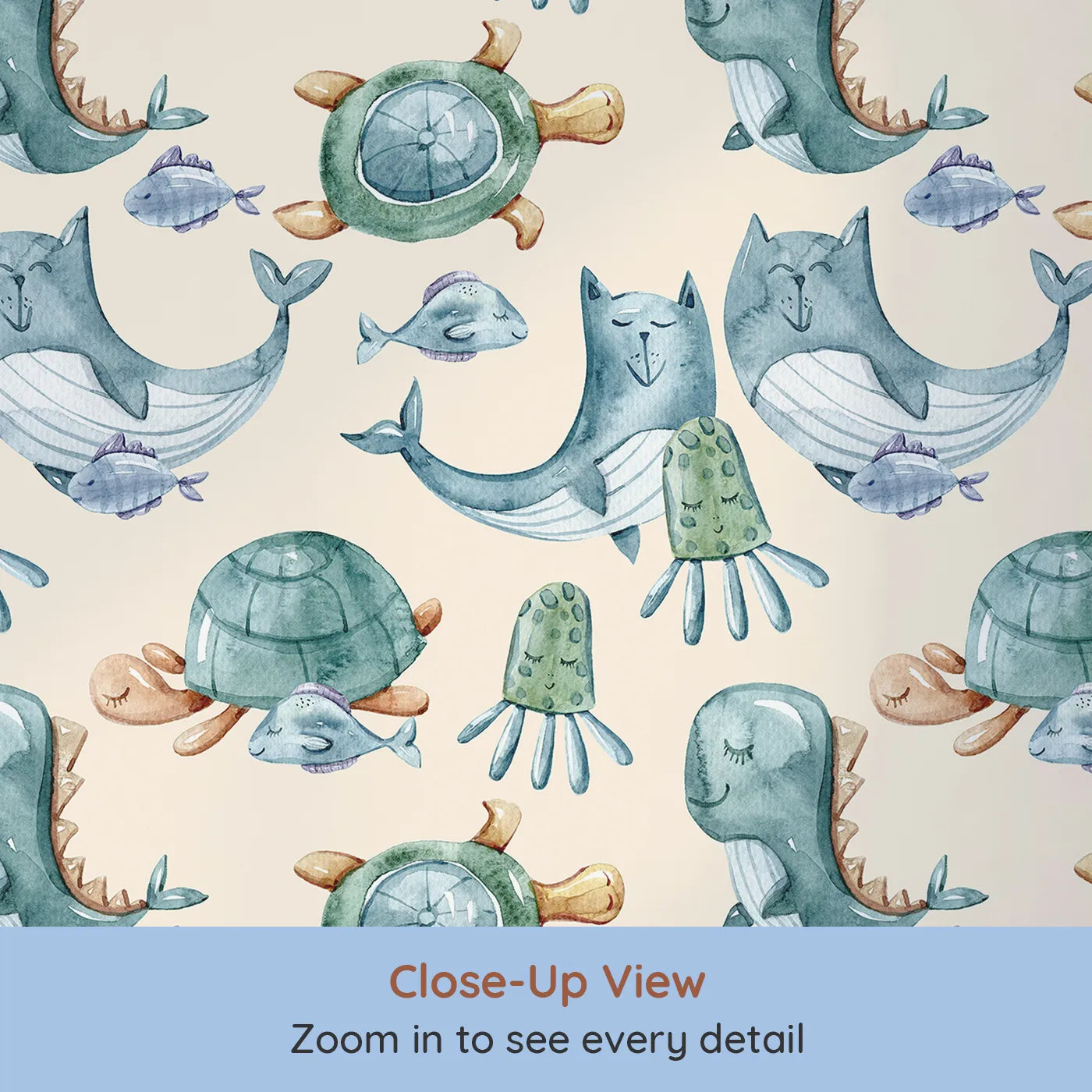 Close-up view of Whimsy Tots' Ocean Pals Parade Wallpaper in Sand (W3392C).A sea of sleepy smiles floats across a soft sandy backdrop.