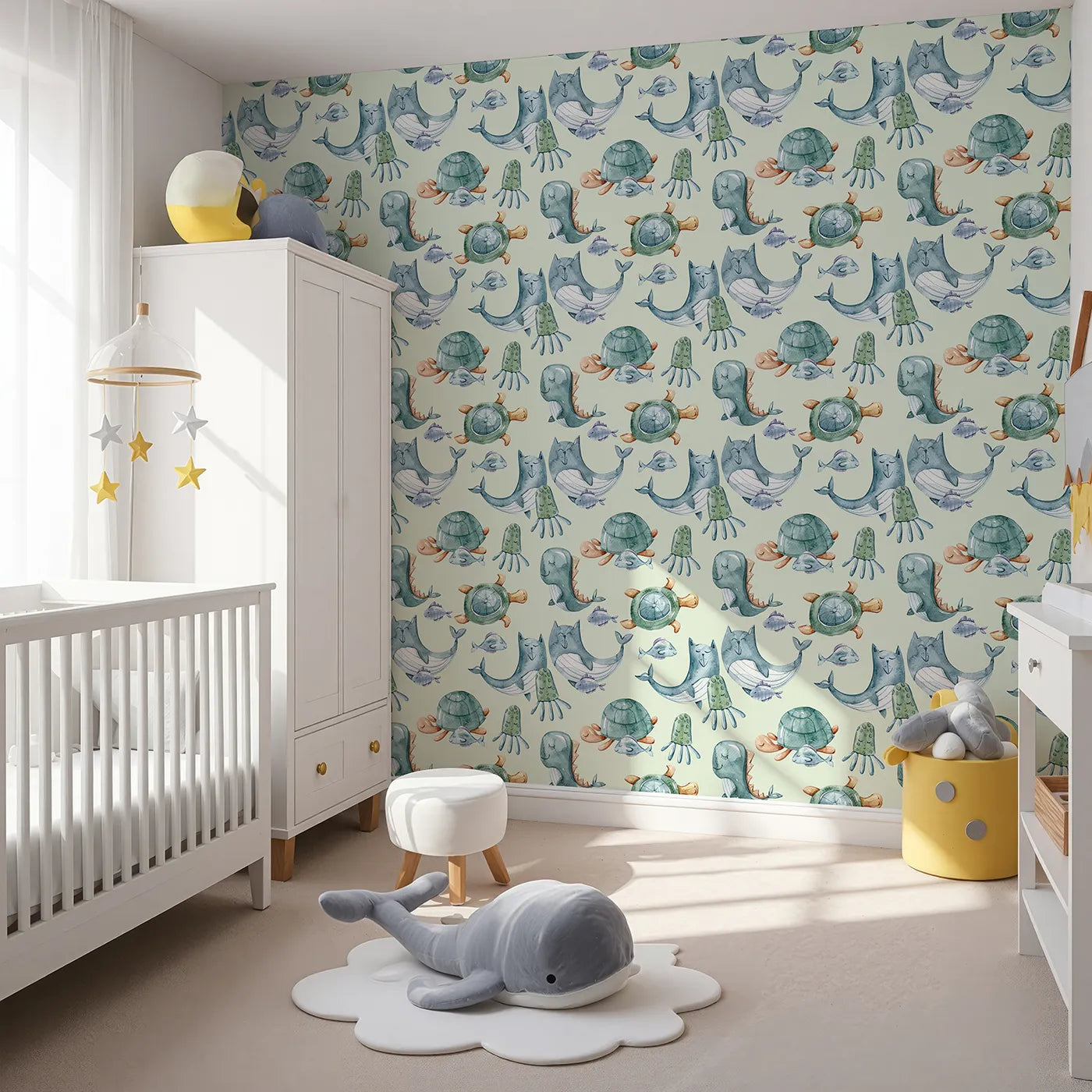 Angled view of Whimsy Tots' Ocean Pals Parade Wallpaper in Sage Green (W3392D).Calm waves carry sleepy ocean friends through a soft sage green world.