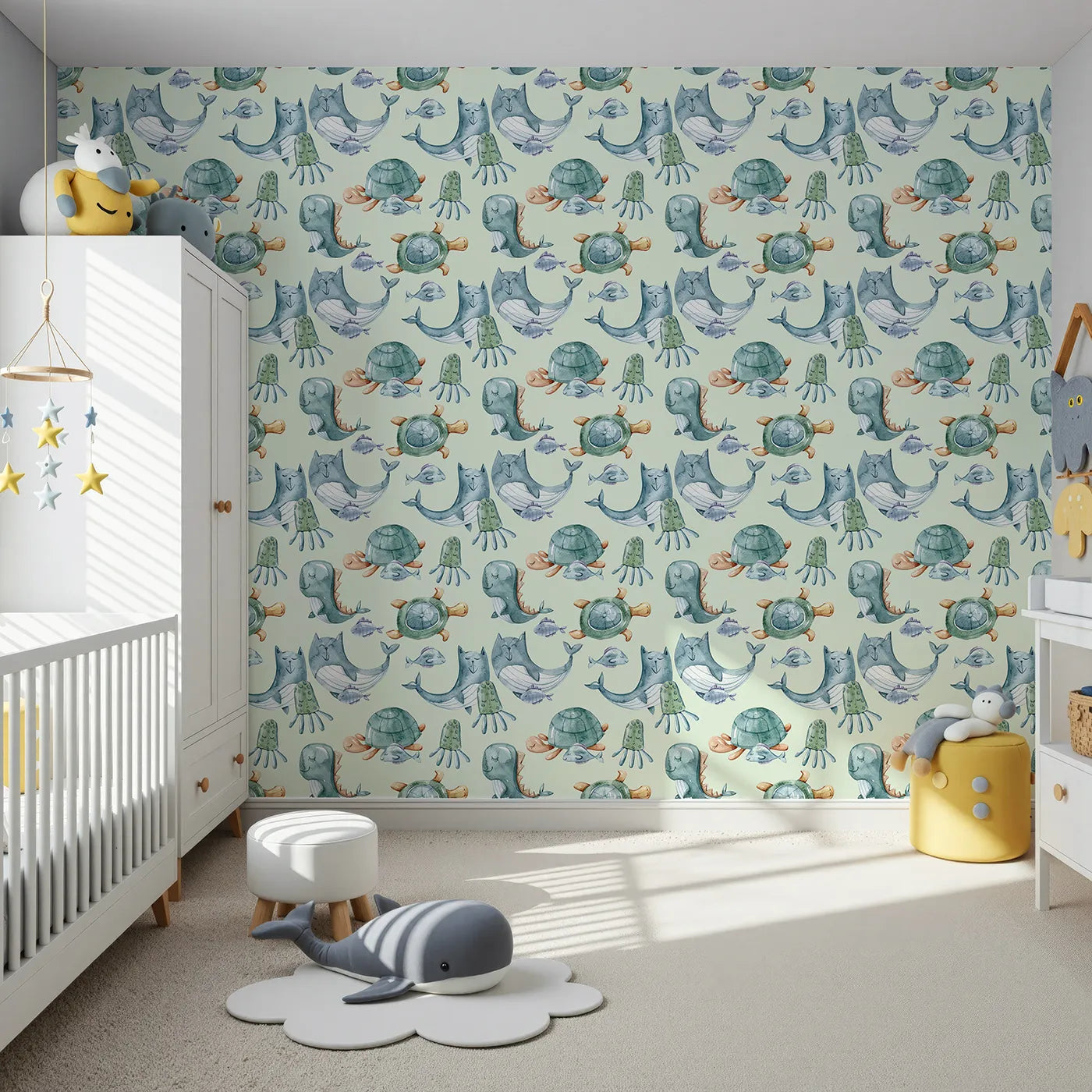 Front view of Whimsy Tots' Ocean Pals Parade Wallpaper in Sage Green