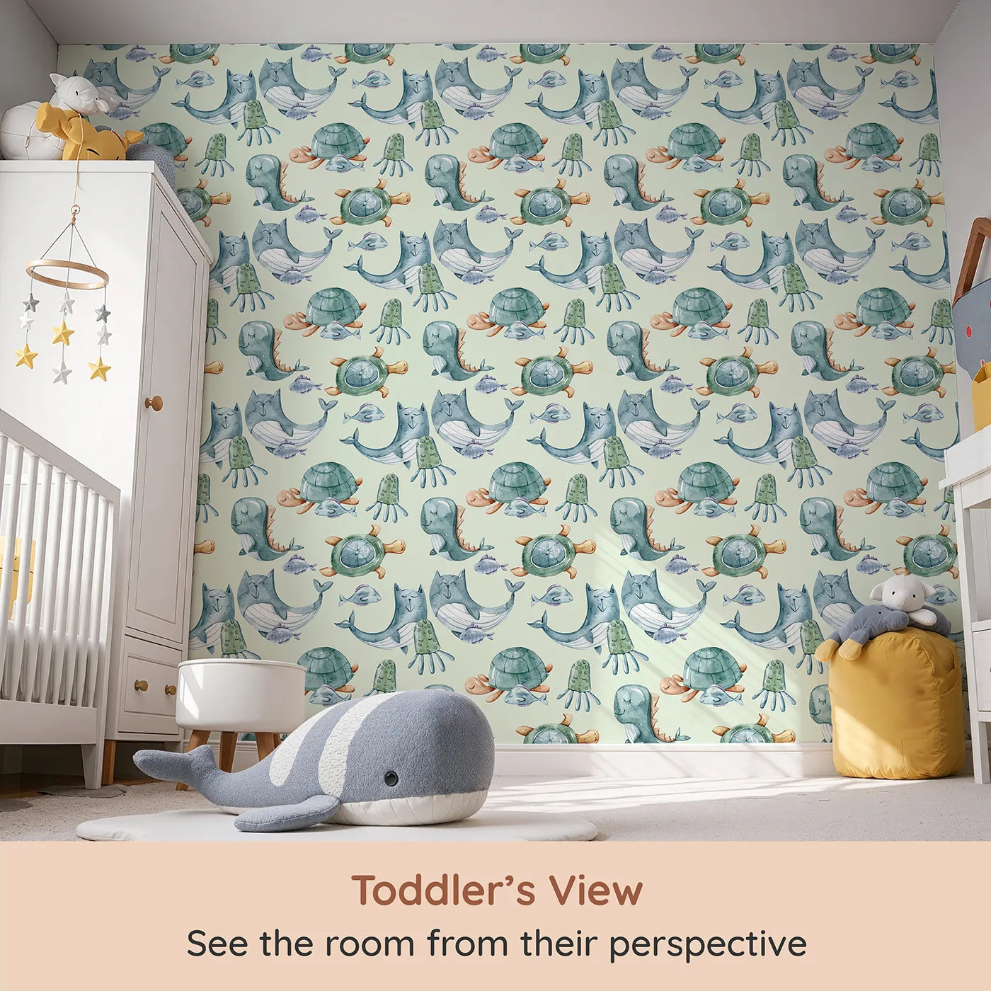 Whimsy Tots Ocean Pals Parade Wallpaper in Sage Green (W3392D) from your child's view.Calm waves carry sleepy ocean friends through a soft sage green world.