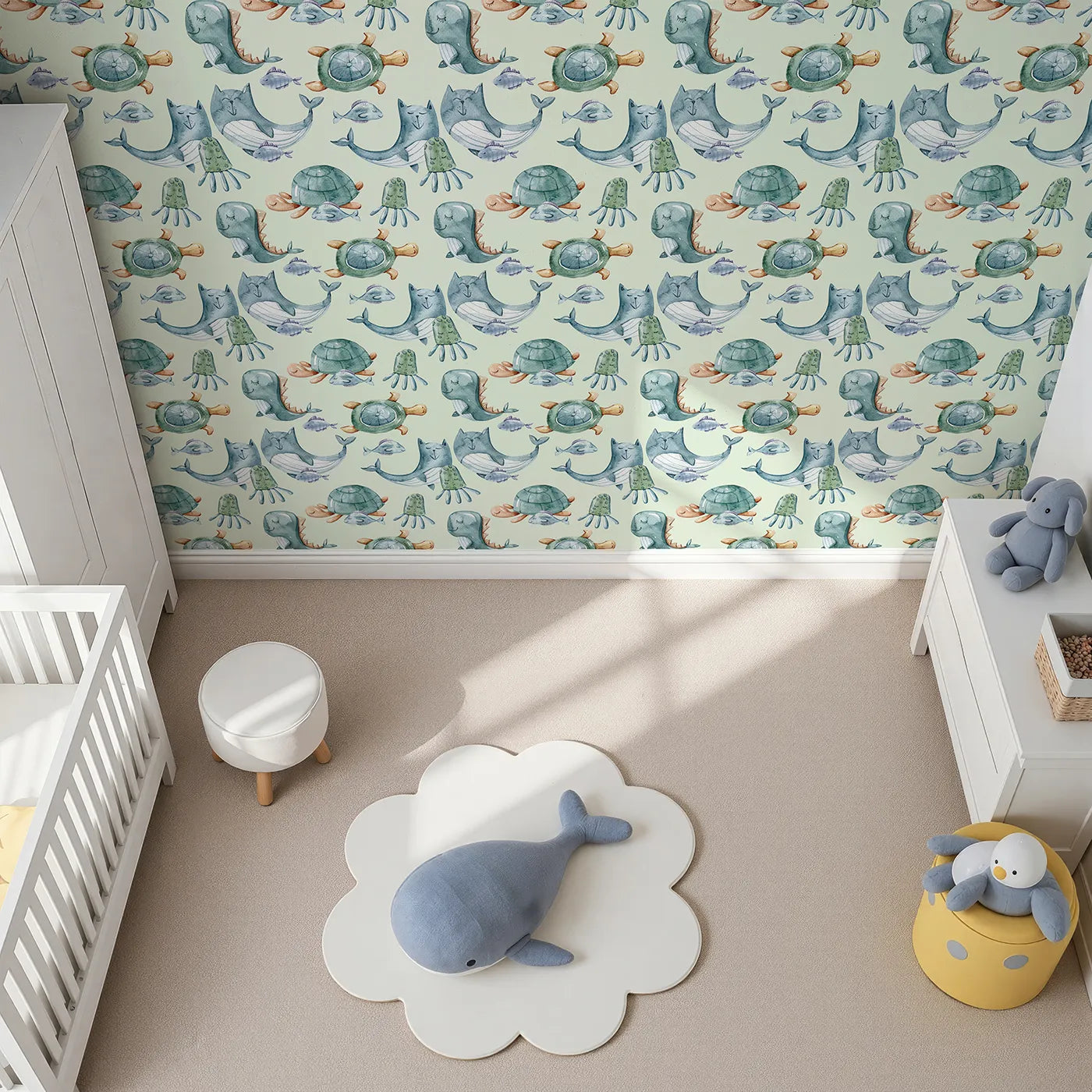 Top-Down view of Whimsy Tots' Ocean Pals Parade Wallpaper in Sage Green (W3392D).Calm waves carry sleepy ocean friends through a soft sage green world.