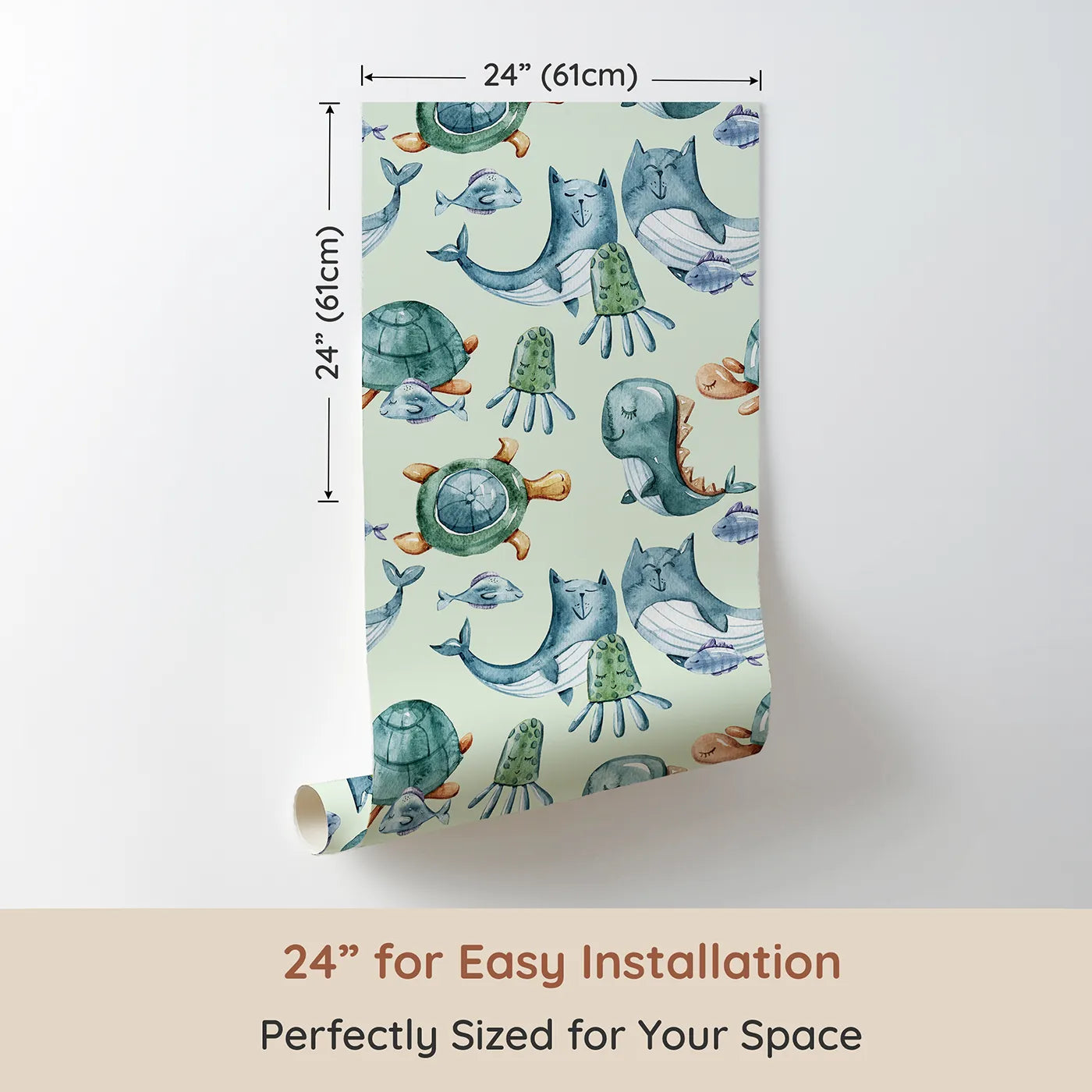 Dimension view of Whimsy Tots Ocean Pals Parade Wallpaper in Sage Green (W3392D). Printed in 24-inch-wide panel for easy installation. Calm waves carry sleepy ocean friends through a soft sage green world.