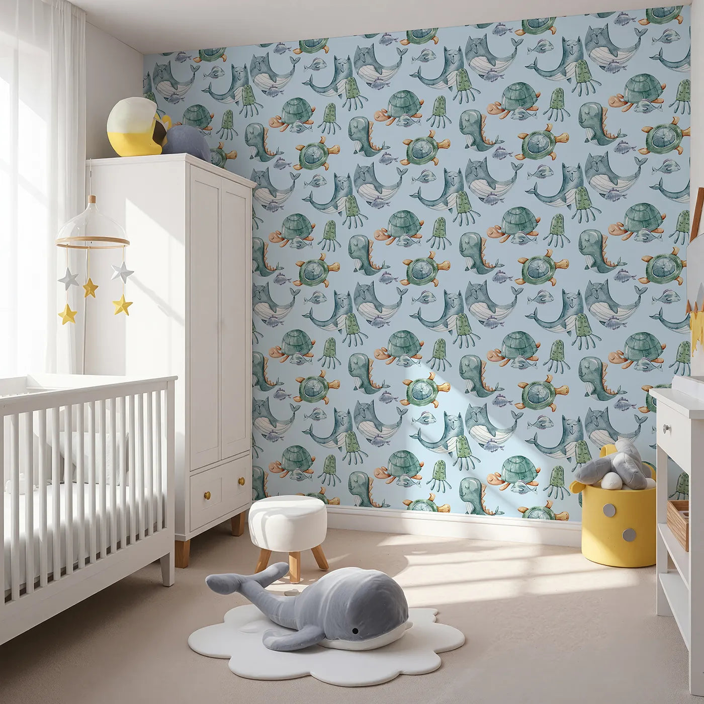 Angled view of Whimsy Tots' Ocean Pals Parade Wallpaper in Sky Blue (W3392E).Smiling sea creatures float joyfully through a fresh sky blue sea.