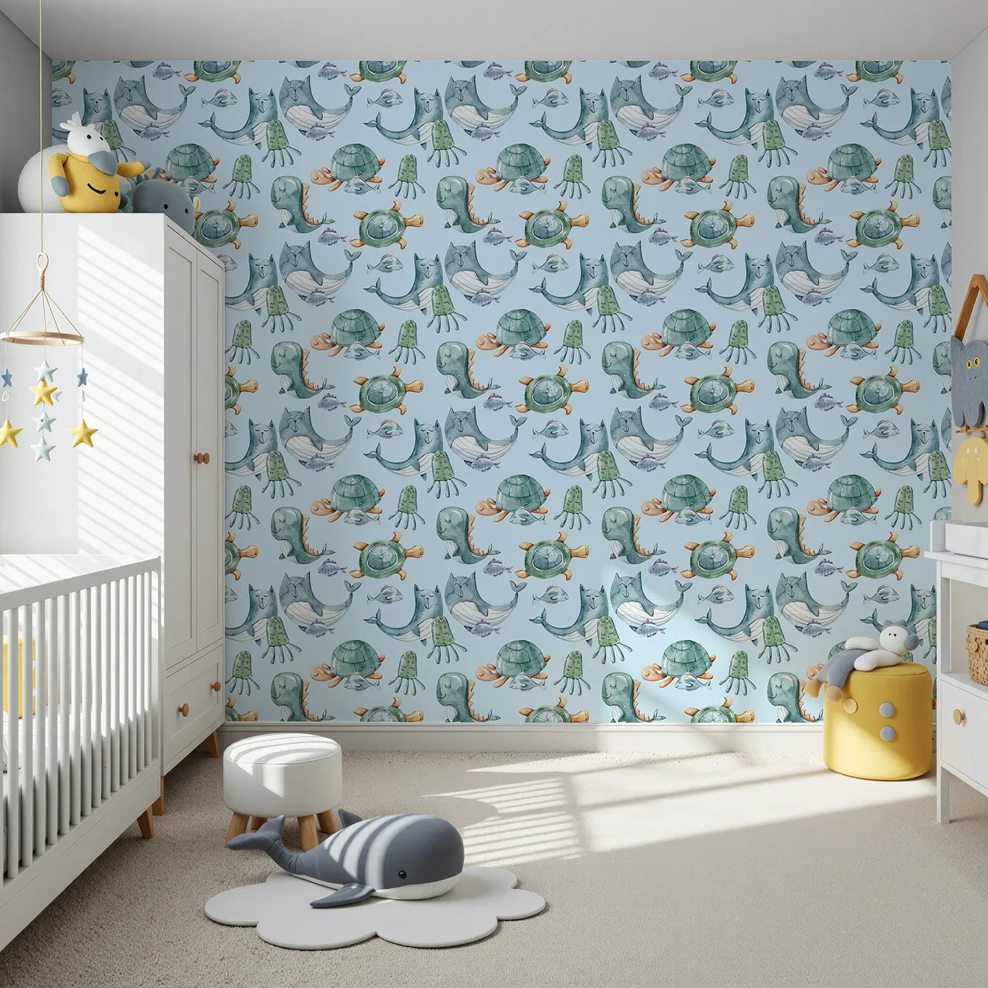 Front view of Whimsy Tots' Ocean Pals Parade Wallpaper in Sky Blue