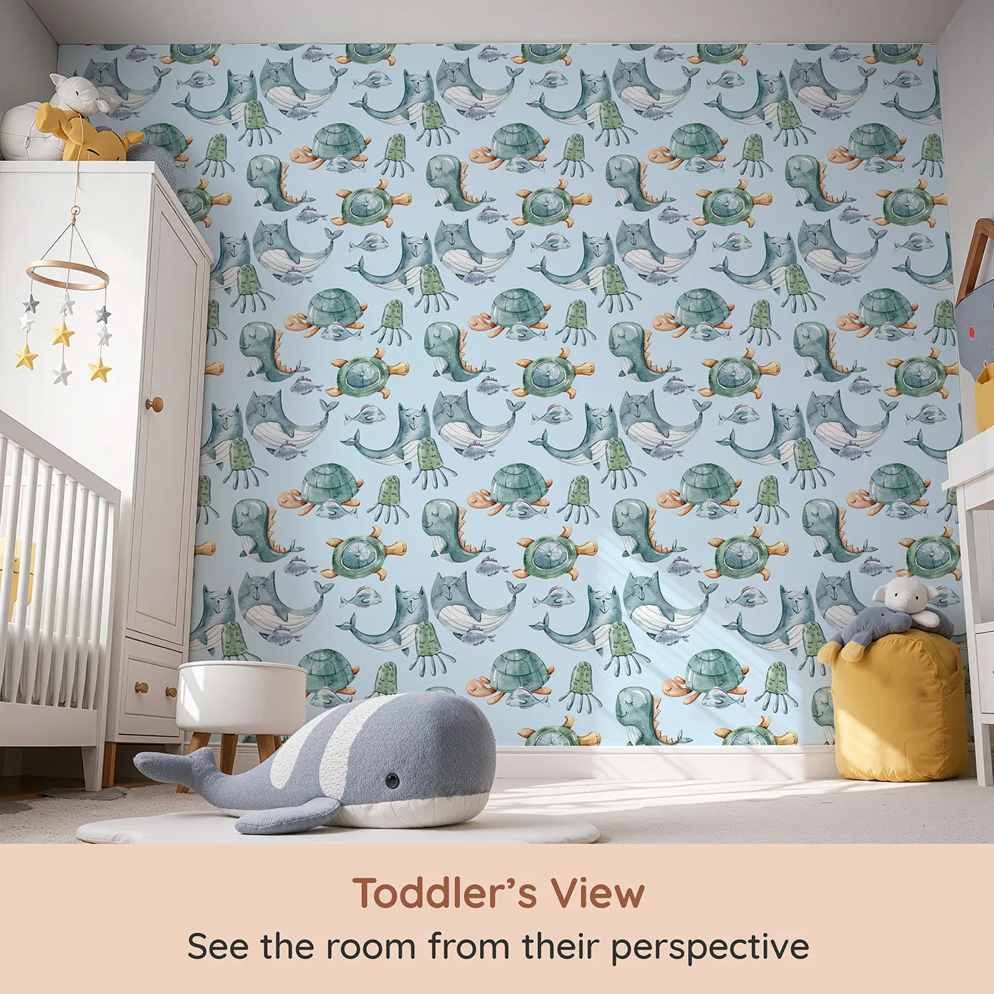 Whimsy Tots Ocean Pals Parade Wallpaper in Sky Blue (W3392E) from your child's view.Smiling sea creatures float joyfully through a fresh sky blue sea.