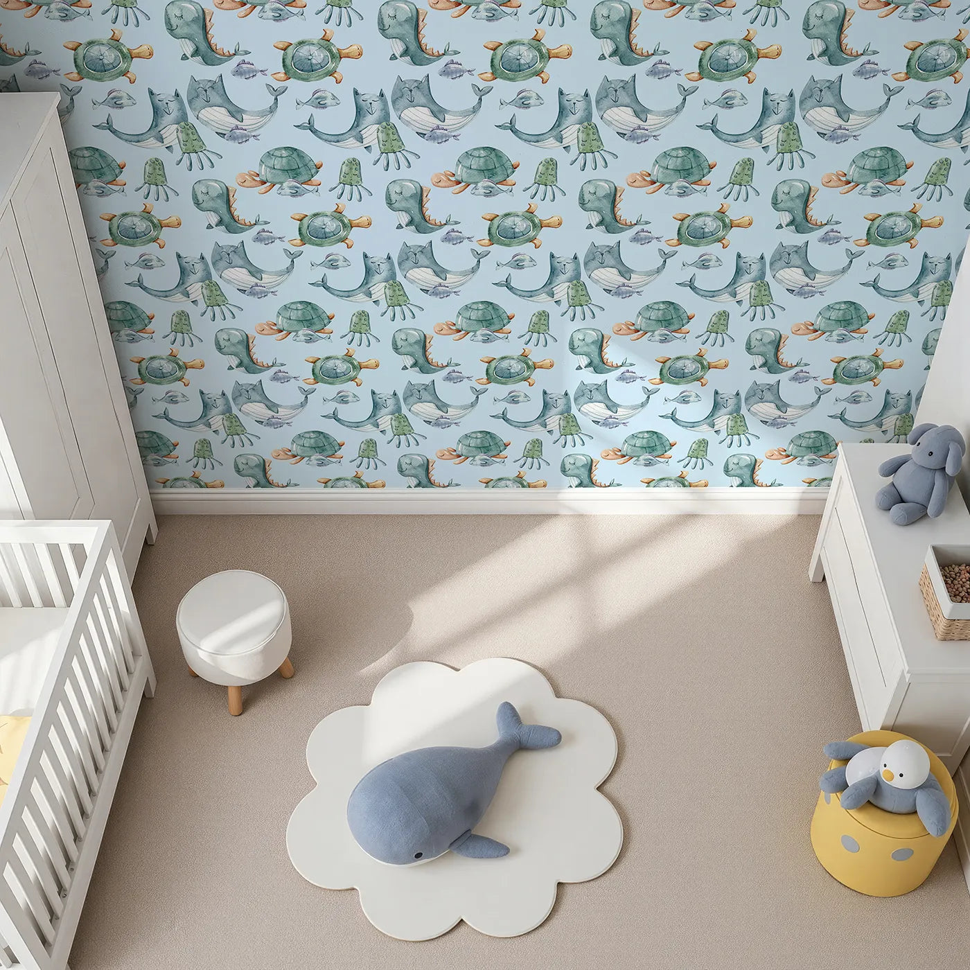 Top-Down view of Whimsy Tots' Ocean Pals Parade Wallpaper in Sky Blue (W3392E).Smiling sea creatures float joyfully through a fresh sky blue sea.