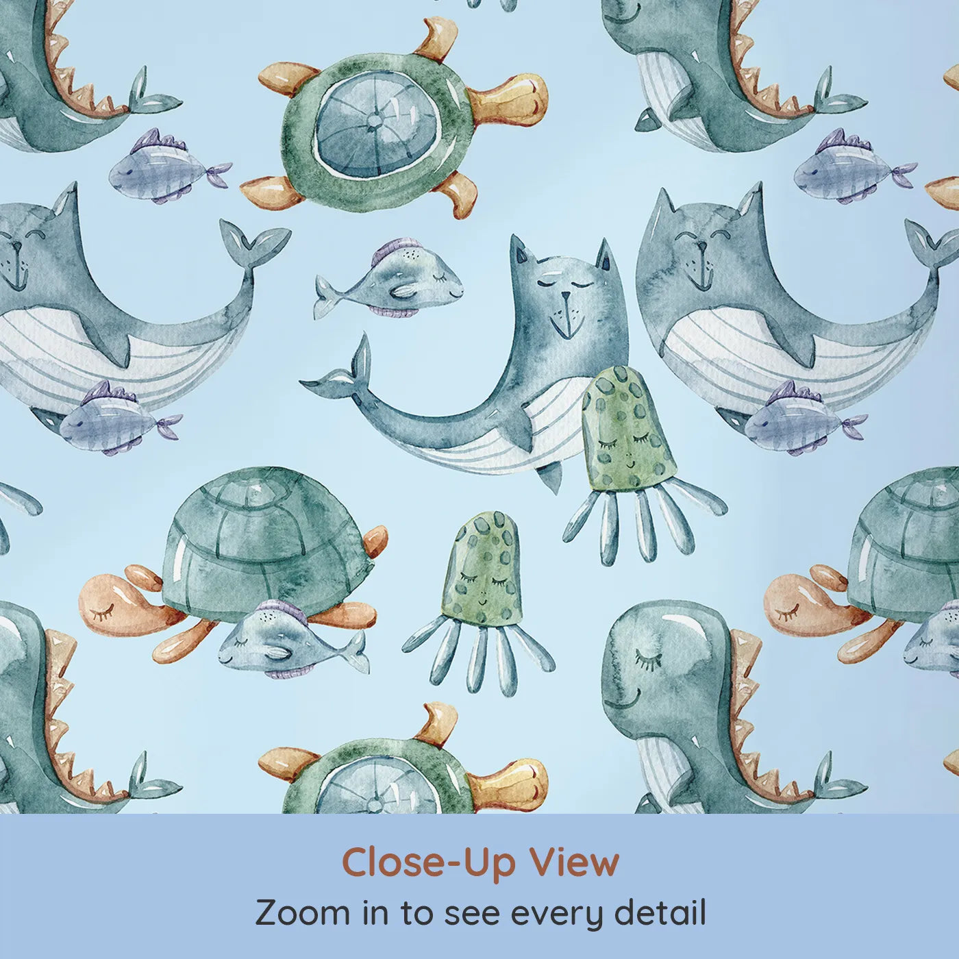 Close-up view of Whimsy Tots' Ocean Pals Parade Wallpaper in Sky Blue (W3392E).Smiling sea creatures float joyfully through a fresh sky blue sea.