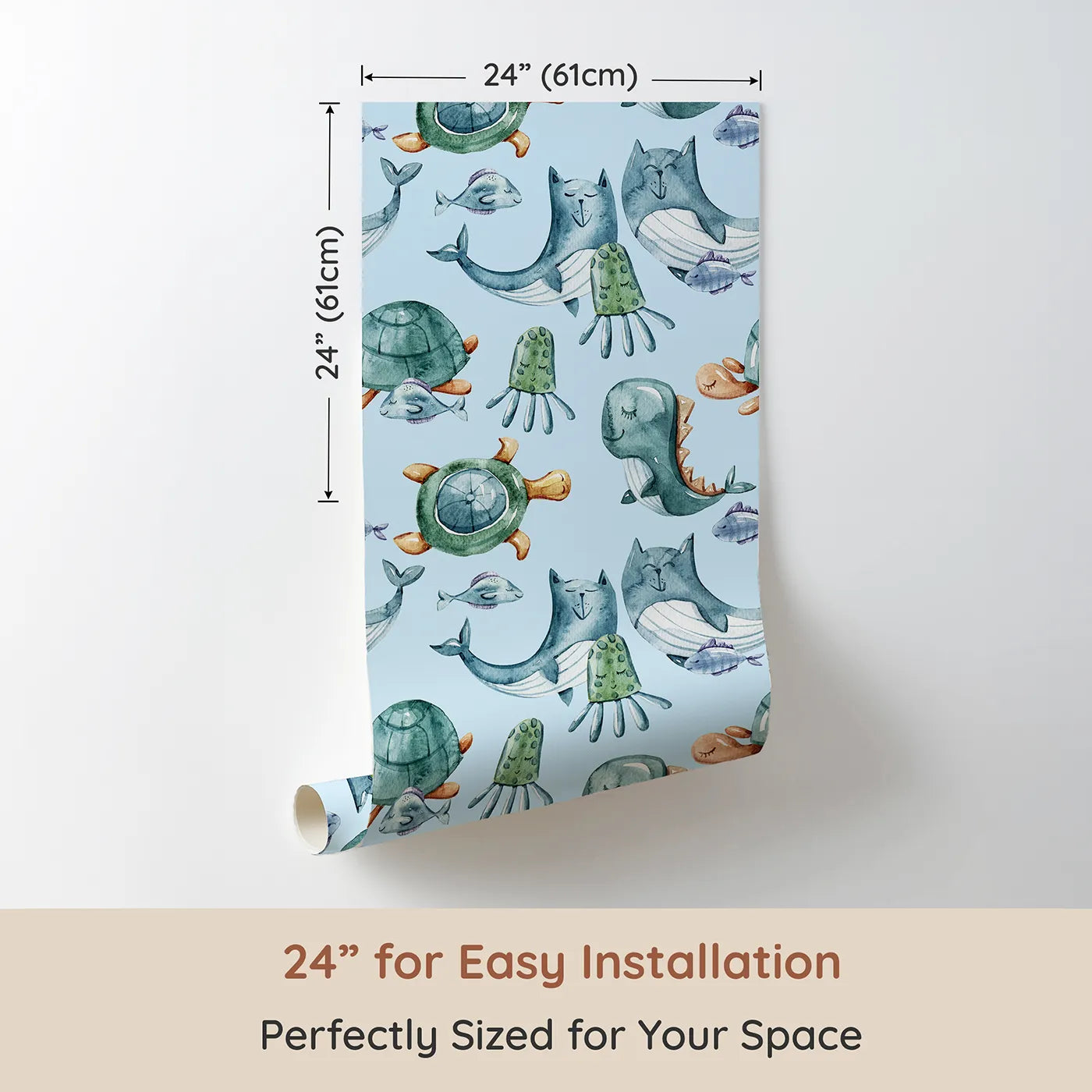 Dimension view of Whimsy Tots Ocean Pals Parade Wallpaper in Sky Blue (W3392E). Printed in 24-inch-wide panel for easy installation. Smiling sea creatures float joyfully through a fresh sky blue sea.