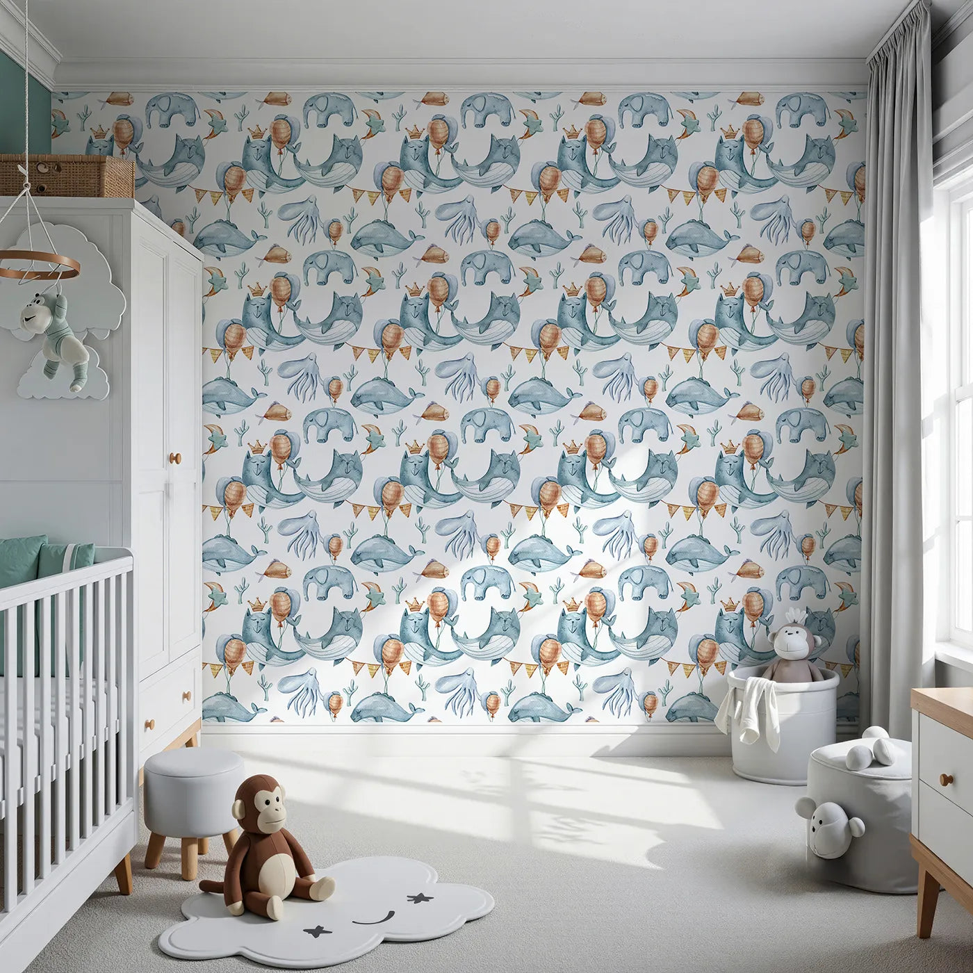 Front view of Whimsy Tots' Ocean Pals Celebration Wallpaper in White