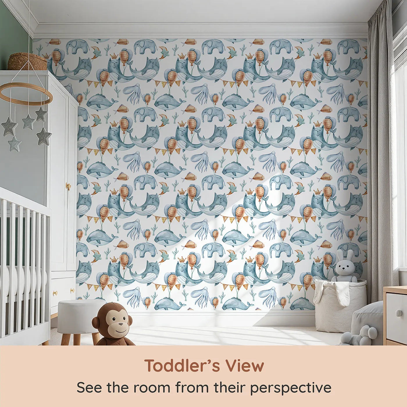 Whimsy Tots Ocean Pals Celebration Wallpaper in White (W3393A) from your child's view.Party hats, sea creatures, and balloons bring a playful splash to every wall.