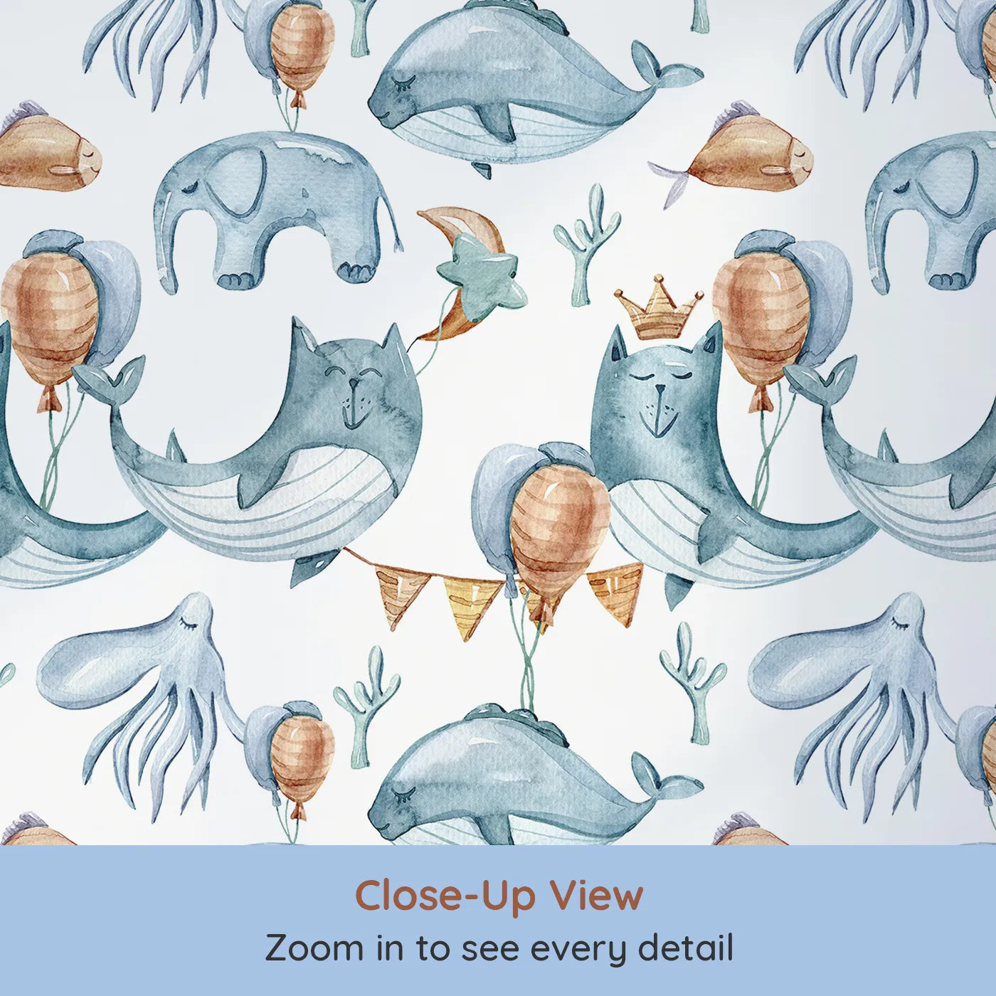 Close-up view of Whimsy Tots' Ocean Pals Celebration Wallpaper in White (W3393A).Party hats, sea creatures, and balloons bring a playful splash to every wall.